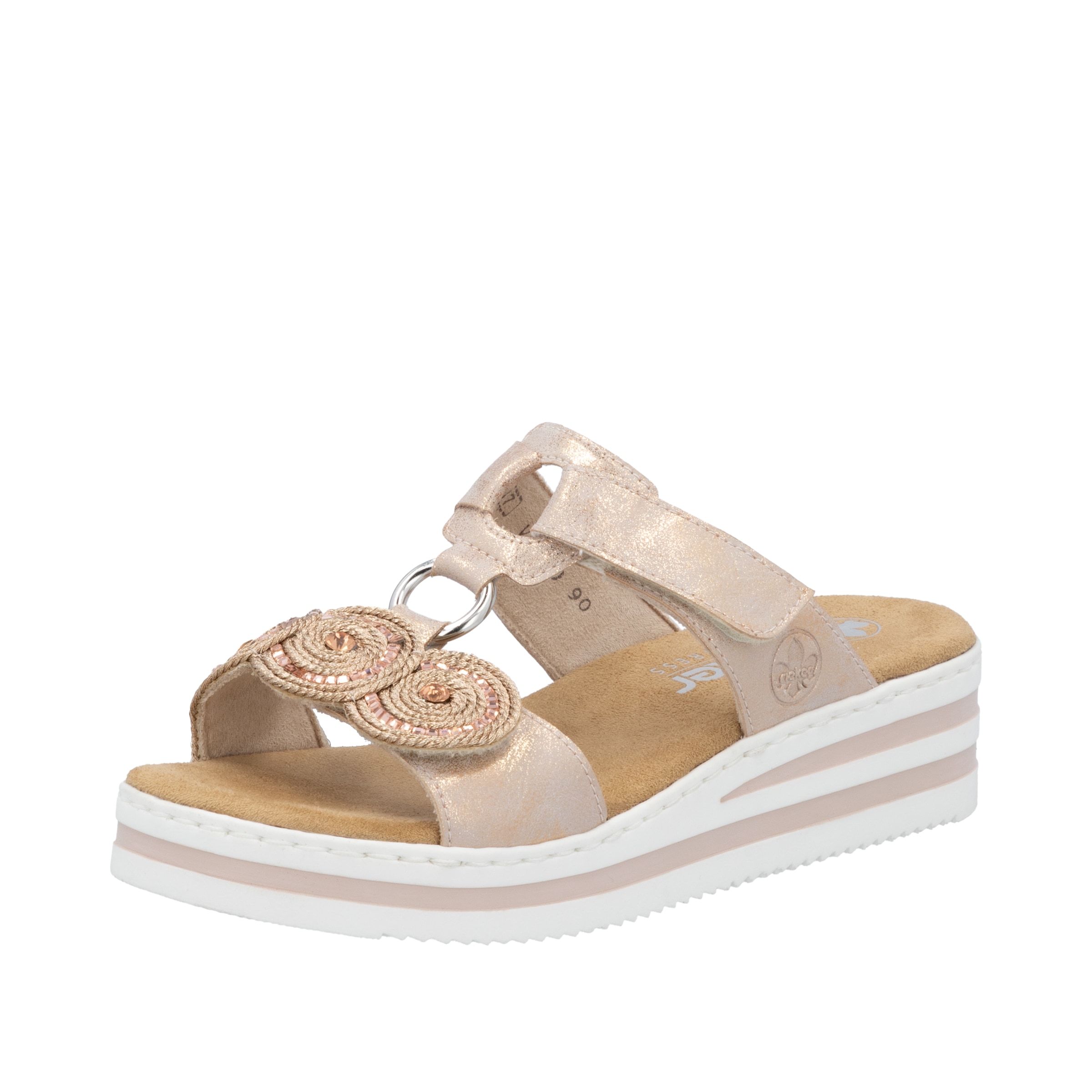 Keilpantolette RIEKER, Damen, Gr. 43, roségoldfarben, Lederimitat, metallic, Schuhe, Sommerschuh, Urlaubsschuh mit Glitzersteine, Metallic-Optik