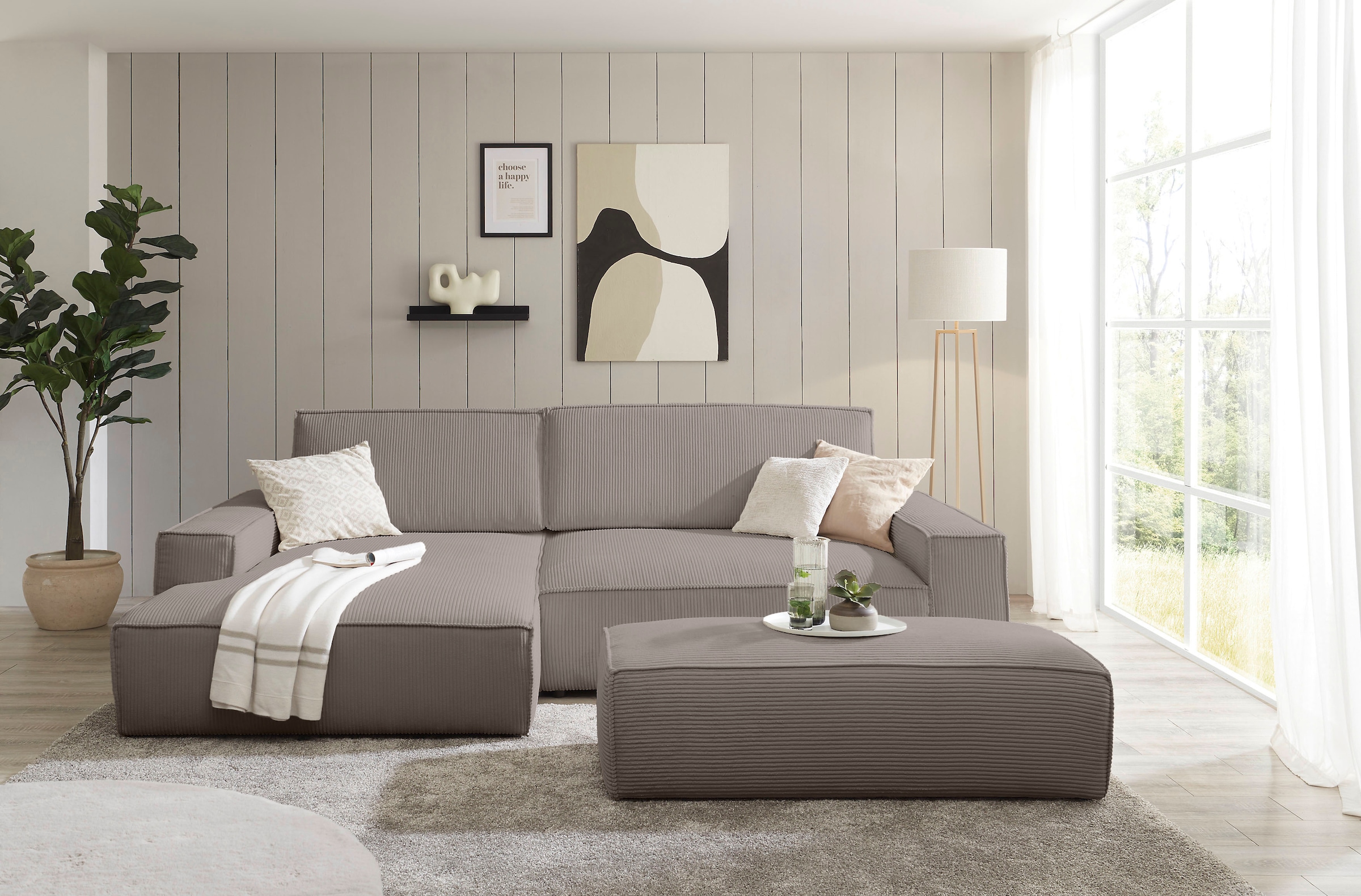 Home affaire Polsterecke »NEU: SHERWOOD XXL tief, L-Form mit Schlaffunktion, Big-Sofa mit Hocker«, (Set, 2 St.), stellbar zum Schlafsofa (Krokodilverbinder), Cord, Leinenoptik
