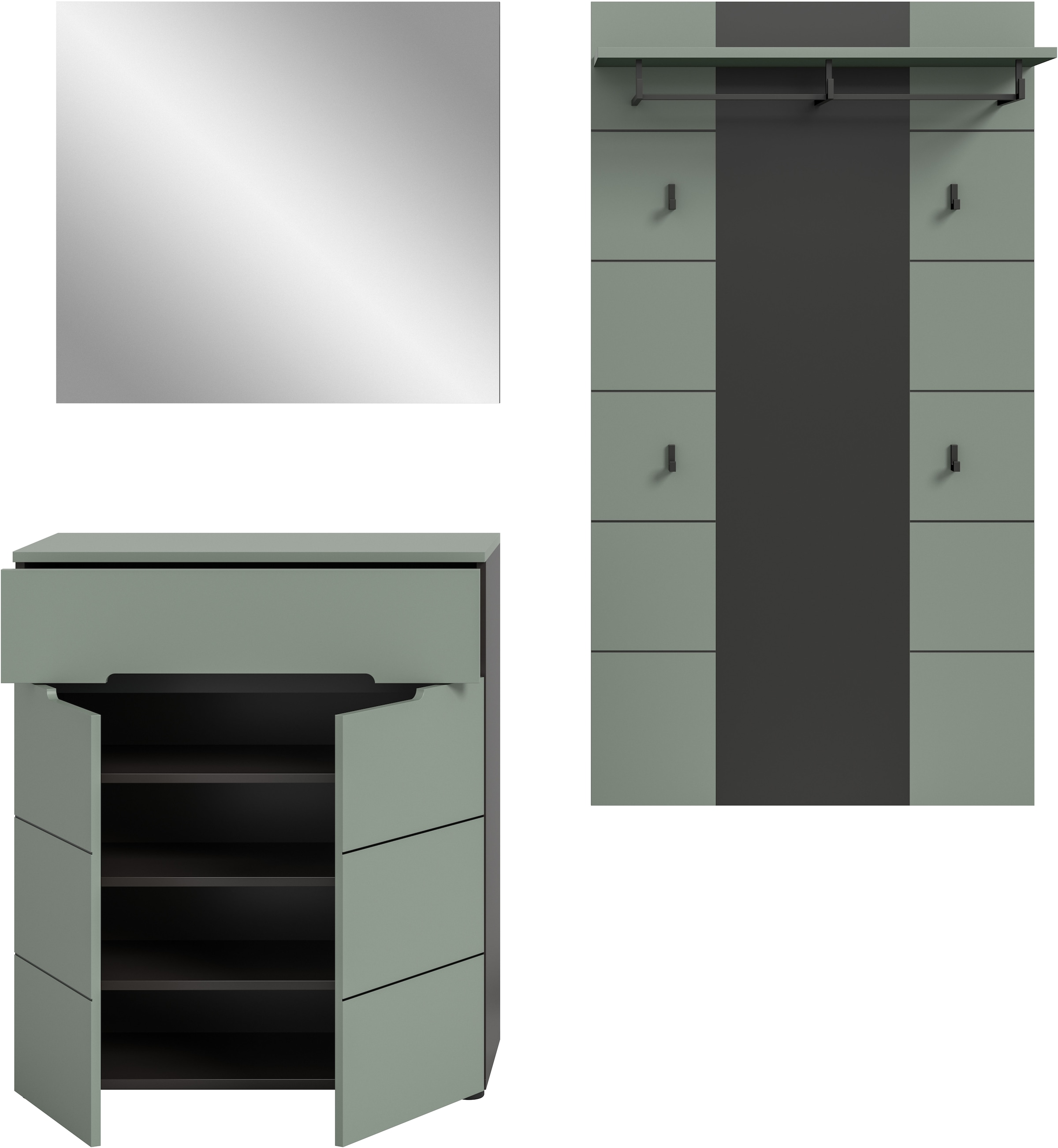INOSIGN Garderoben-Set, (Set, 3 St., bestehend aus: Kommode, Spiegel und Garderobenpaneel), Garderobenkombination, Kombination, Set, Flurgarderobe, Diele