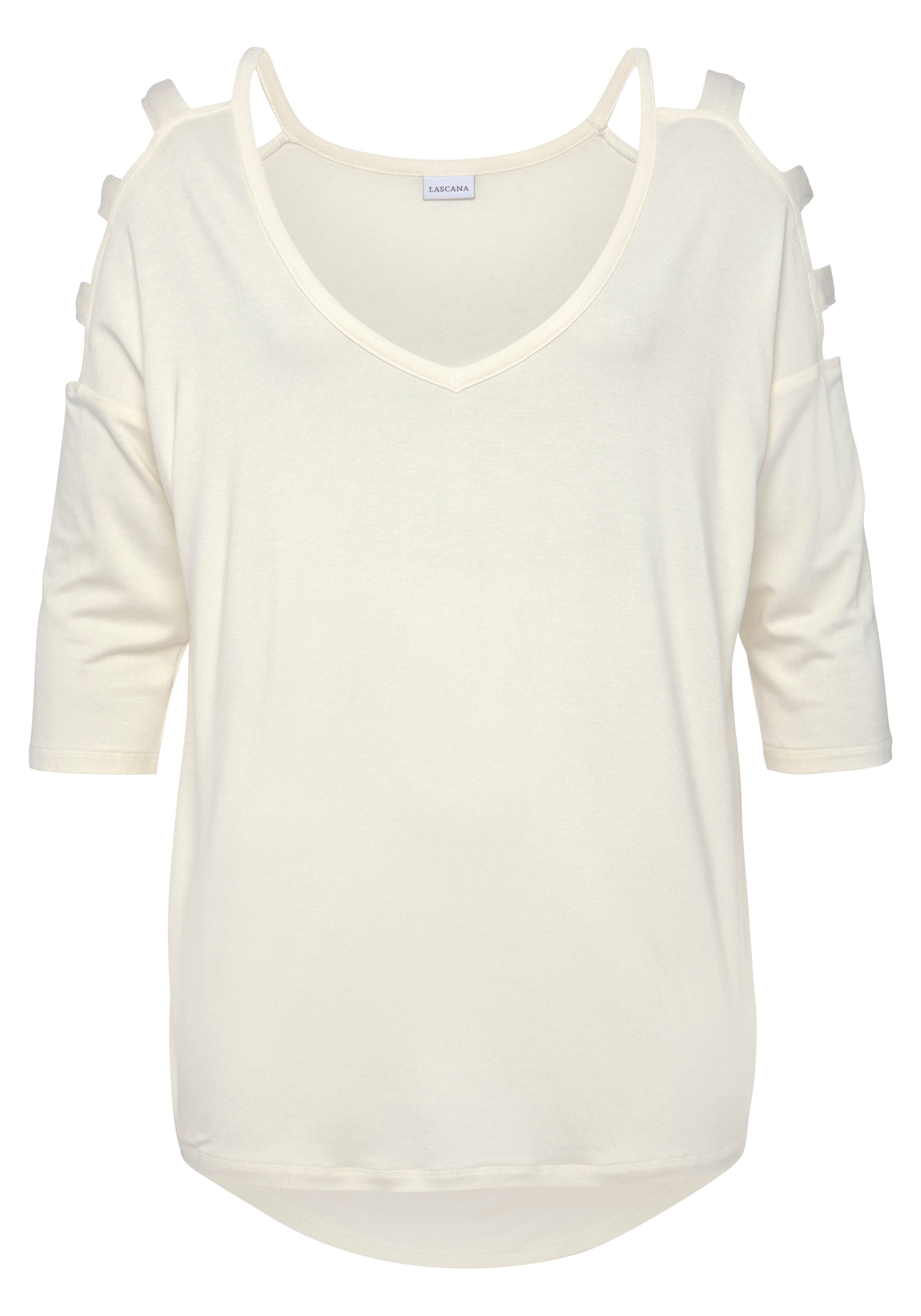 LASCANA 3/4-Arm-Shirt, mit Cut-outs, raffiniertes Longsleeve, schulterfrei günstig online kaufen