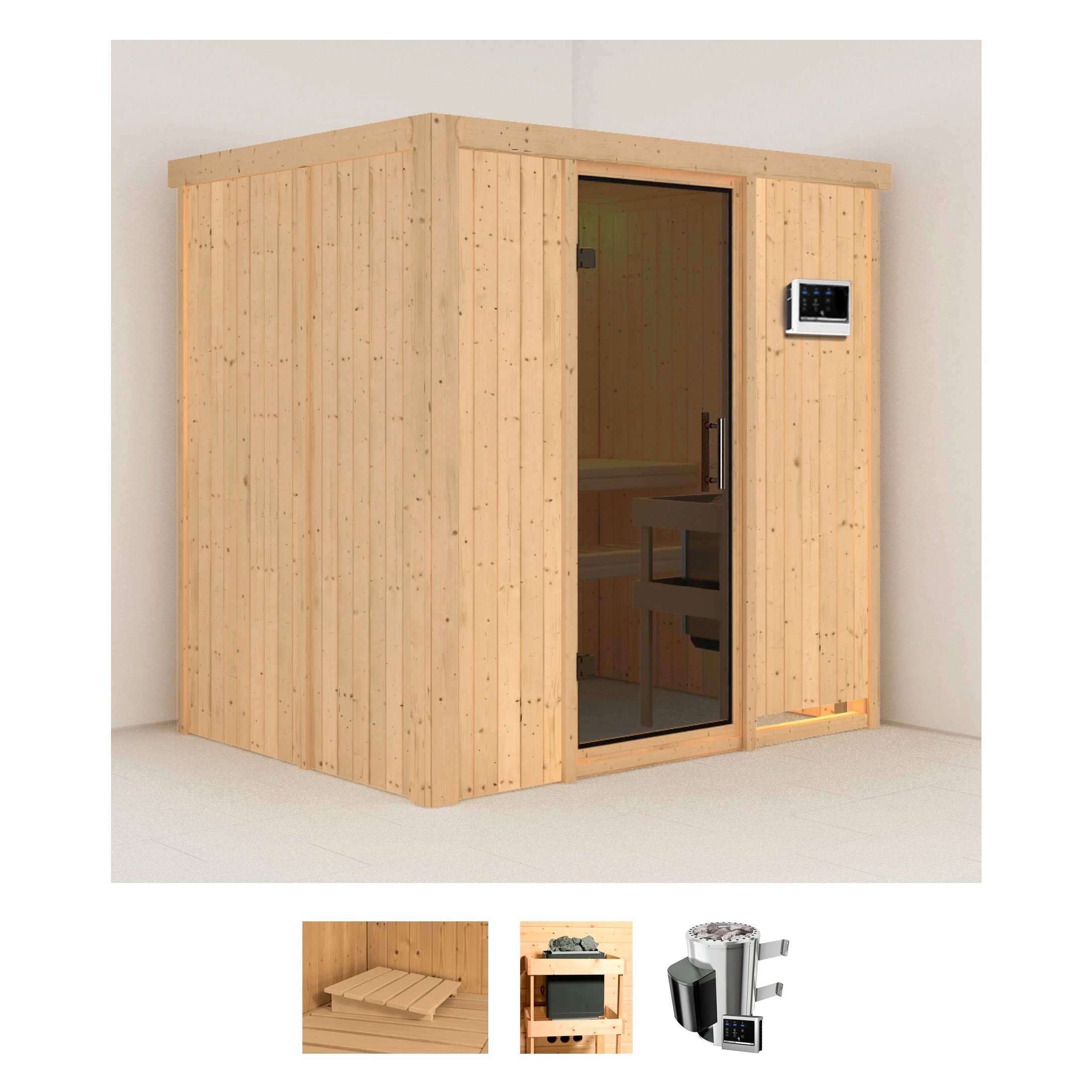 Karibu Sauna "Finja" Set, Ofen 3,6 kW externe Strg.easy