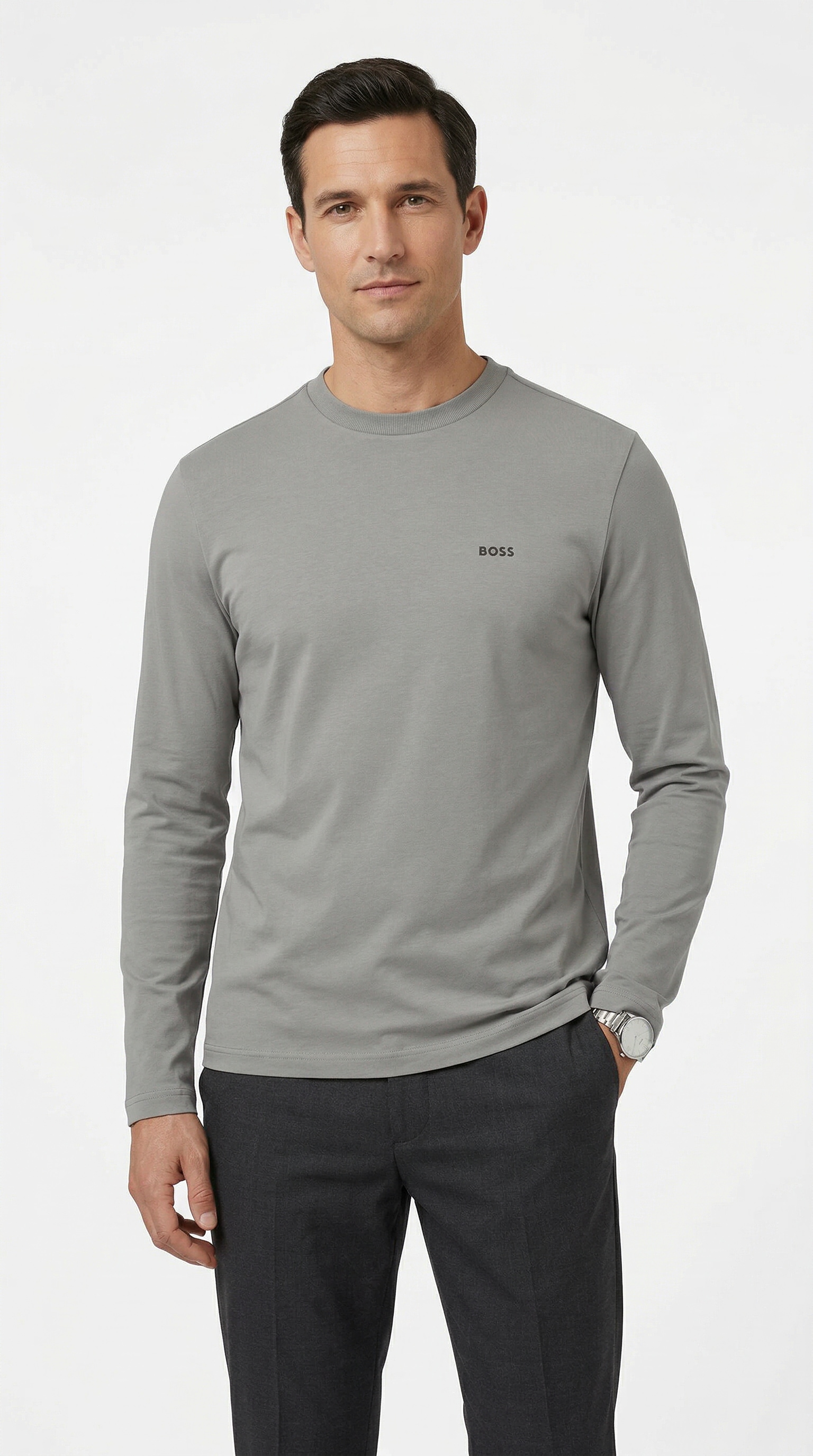 BOSS GREEN Langarmshirt "Tee Long Regular Fit" Stretch Jersey Cotton, Logo on Chest, Rundhals