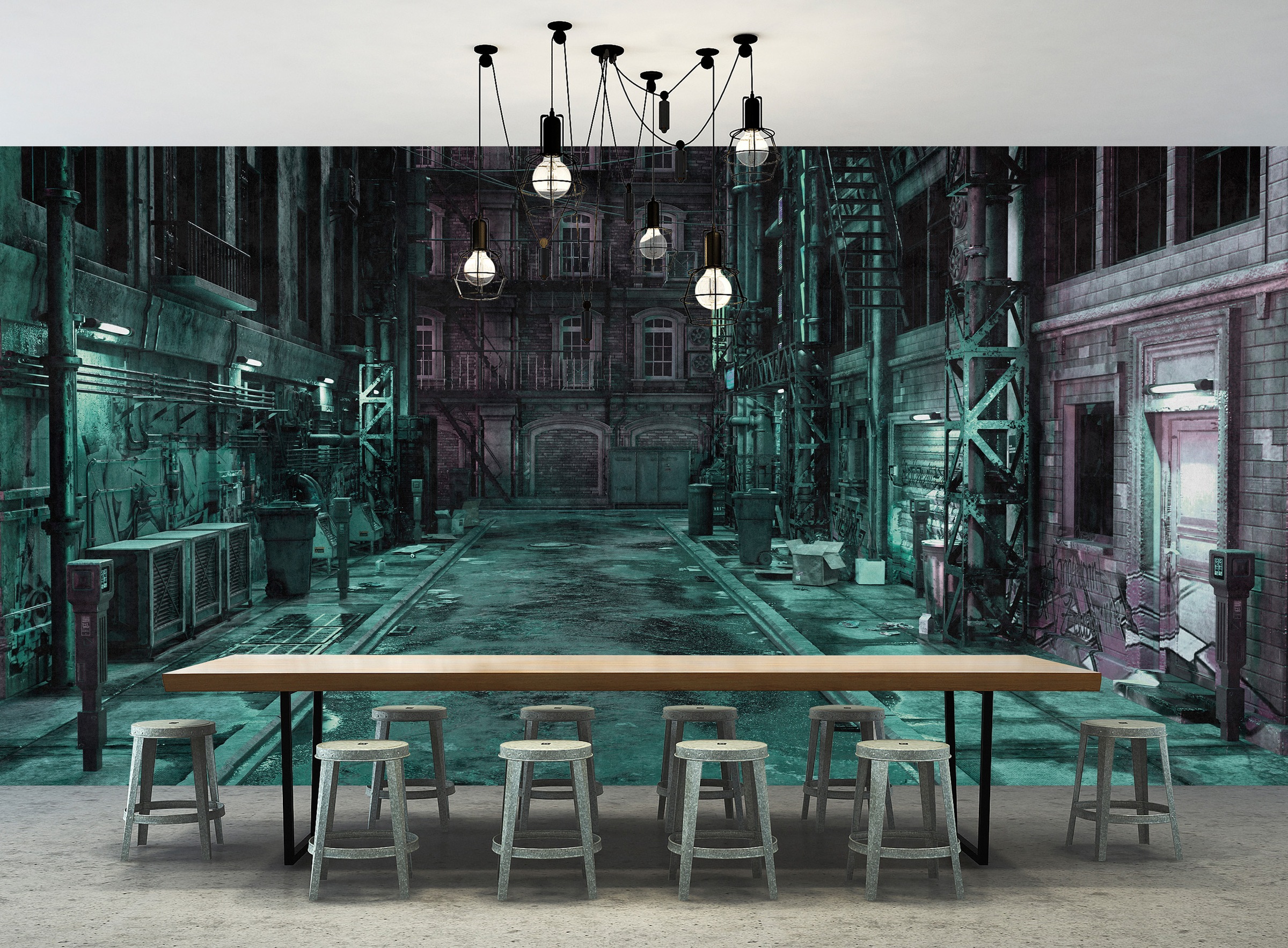 LIVING WALLS Vliestapete "Stadt-Tapete Cyberpunk Gasse Türkis Violett", B/L: 2,5m x 5m, Rollen: 1türkis, Wohnzimmer, Tapeten