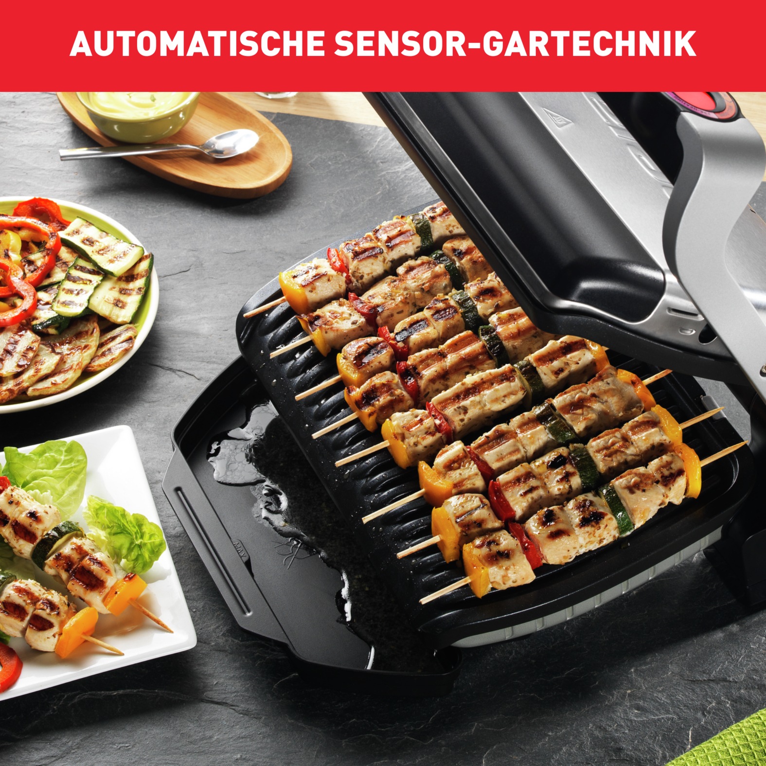Kontaktgrill TEFAL "OptiGrill, 6 automatische Programme, ein manuelles Programm", schwarz, B:37cm H:16,5cm T:34cm, Kontaktgrill_Standgrill_Tischgrill_Teppanyakigrill, spülmaschinengeeignete Platten und SaftauffangbehälterGC705D 3