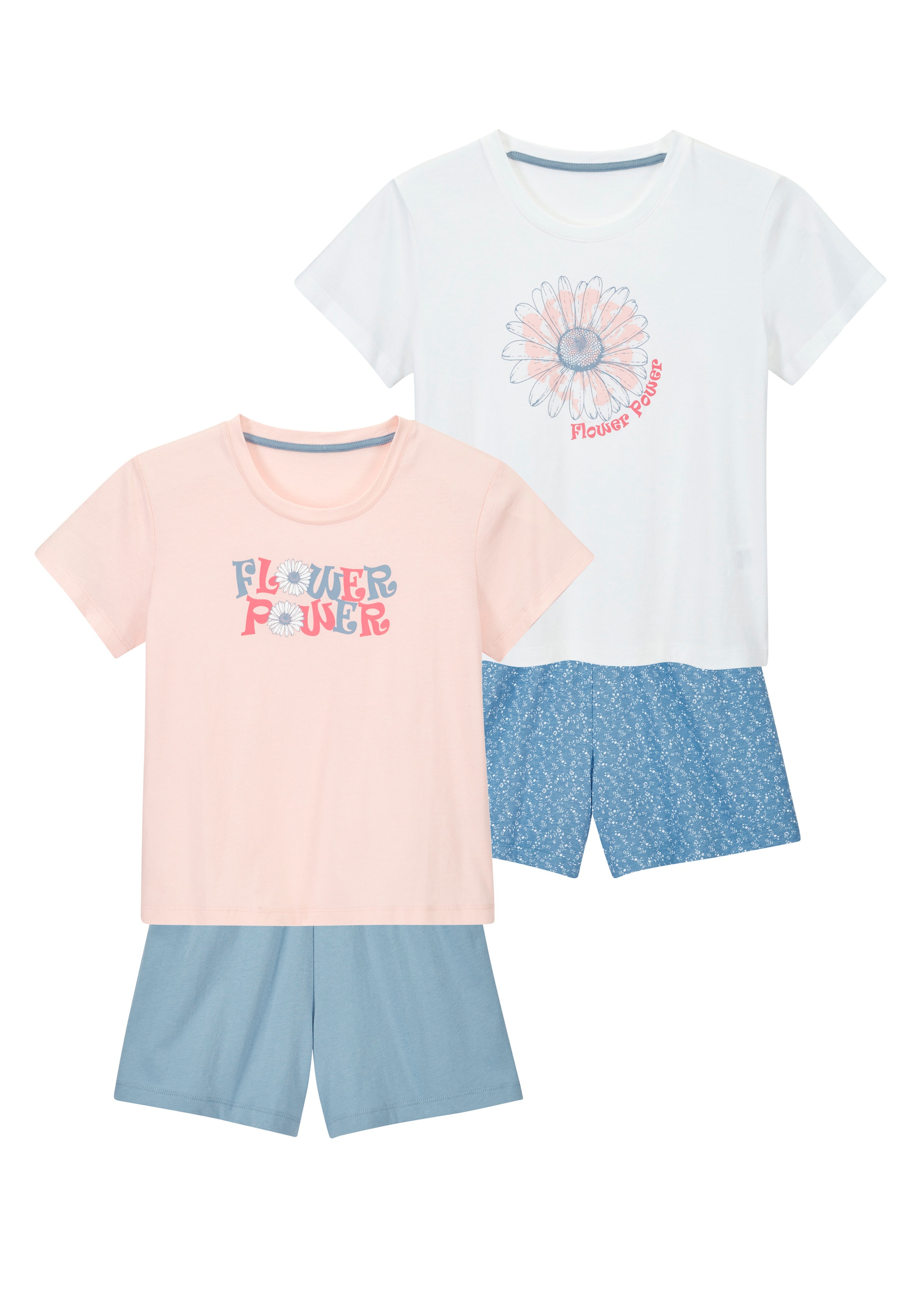 Pyjama PETITE FLEUR, Mädchen, Gr. 170/176, weiß, bedruckt, rose, blau, Jersey, Obermaterial: 100% Baumwolle, bedruckt, kurz, Rundhals, abgesteppte Kante, Homewear-Sets Pyjama, Mädchen - kurzer Schlafanzug mit großem Druck
