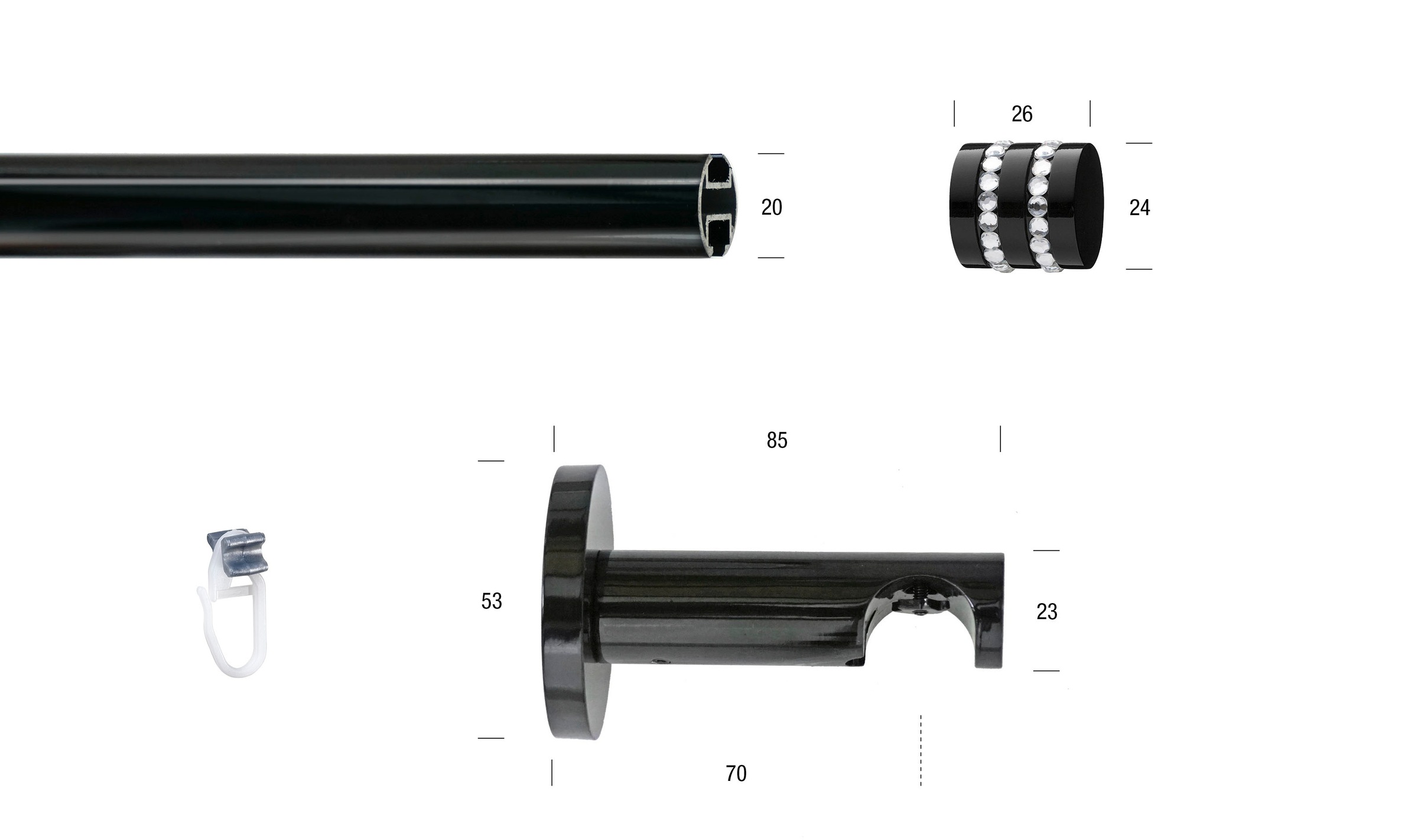 Thumbnail - GARESA Gardinenstange "BLACK" Ø 20 mm 1 läufig-läufig Wunschmaßlänge Vorhanggarnitur, Innenlauf, verlängerbar, Endknopf ...