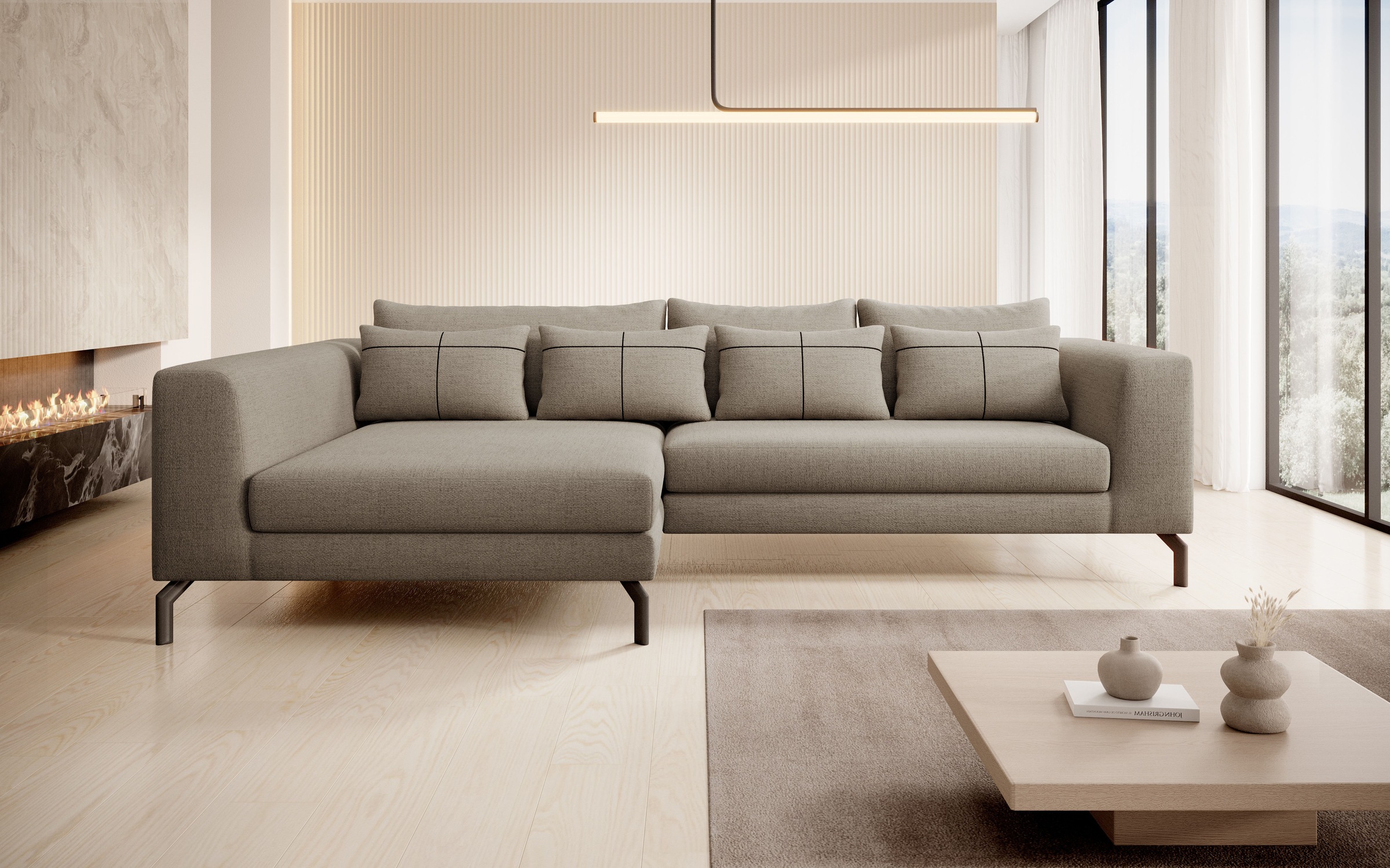 INOSIGN Ecksofa »Cross, mit softem Sitz, L-Form, wendbare Zierkissen, Breite 284 cm«, Couch mit vielen Kissen, stylische Kreuznaht, elegante Metallfüße