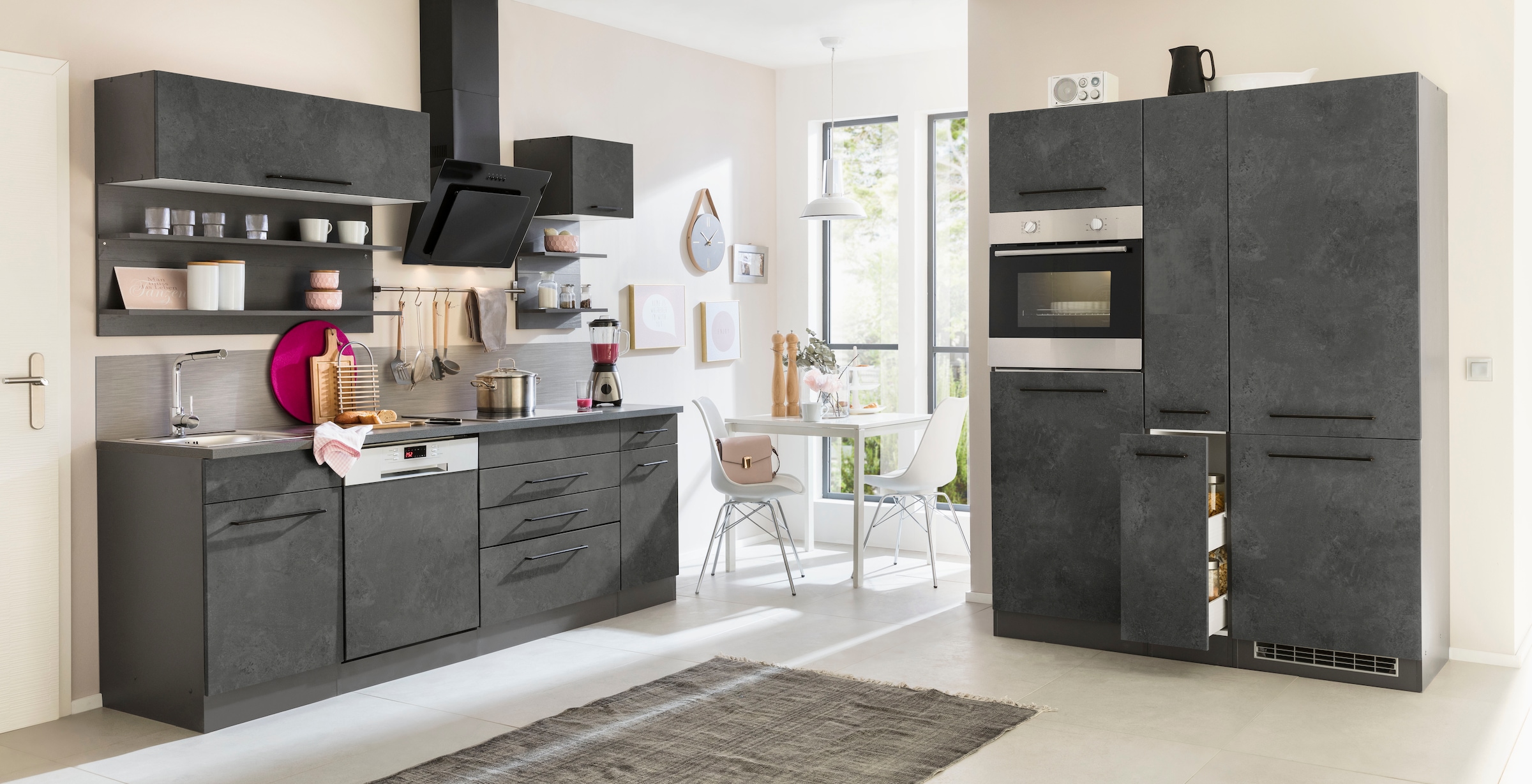 KOCHSTATION Küchenzeile »KS-Tulsa«, ohne E-Geräte, Breite 380 cm, schwarze Metallgriffe, MDF Fronten