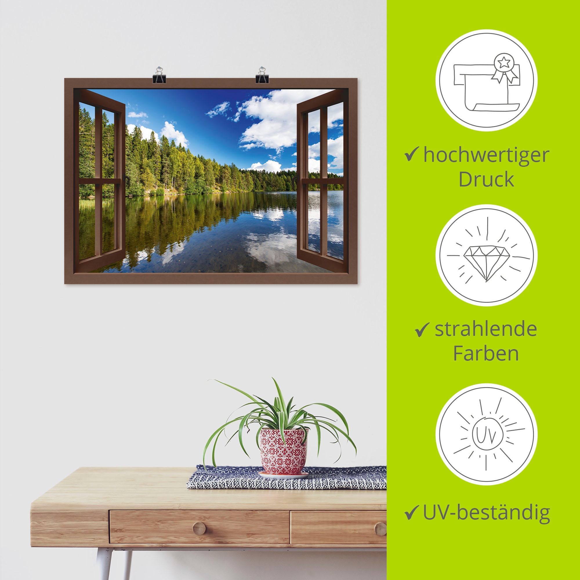 Artland Poster »Norwegische Landschaft - braunes Fenster«, Fensterblick, (1 St.), als Alubild, Leinwandbild, Wandaufkleber oder Poster in versch. Größen