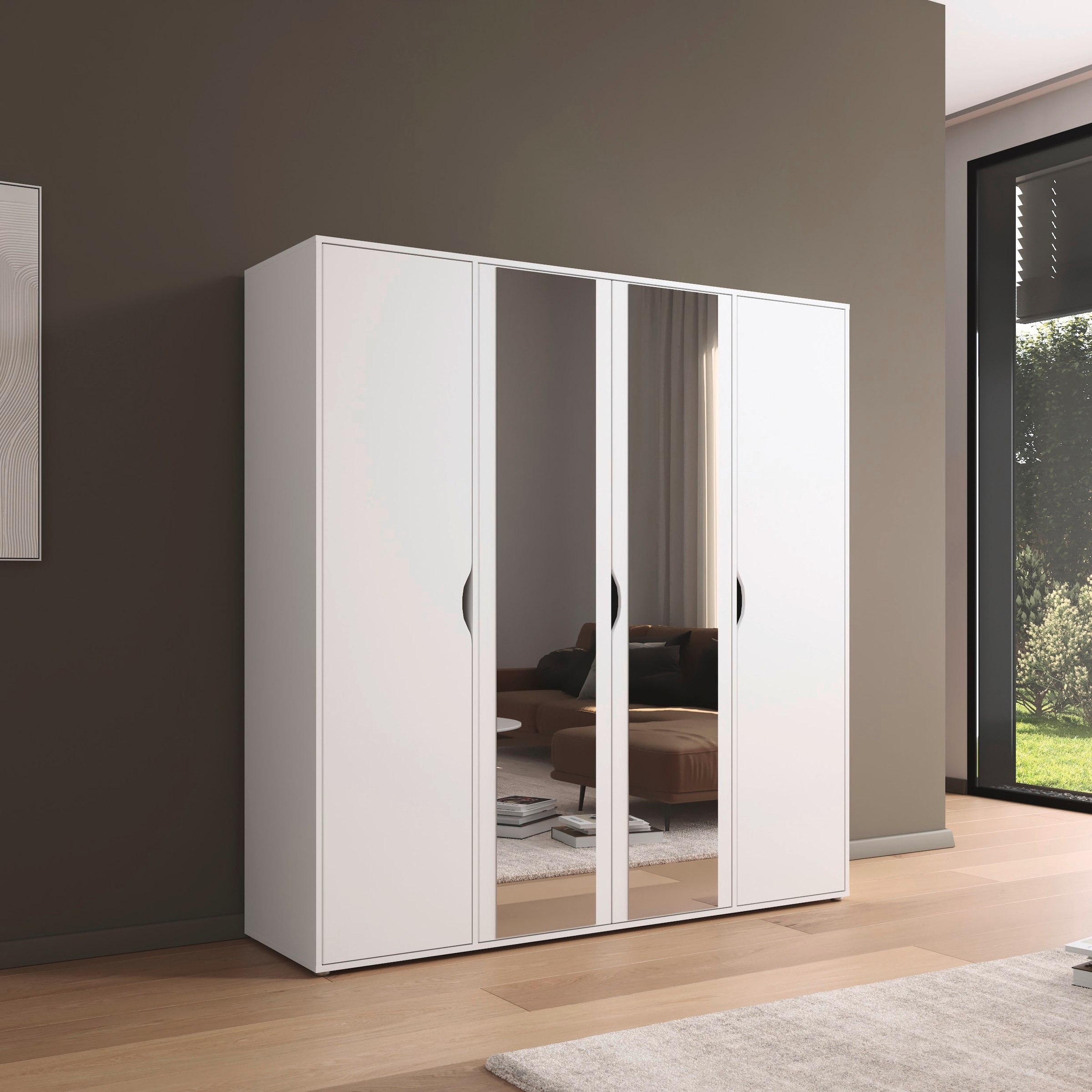 rauch Drehtürenschrank »Kleiderschrank Schrank Garderobe Wäscheschrank NARAI mit Spiegel«, (in 3 verschiedenen Ausstattungen BASIC/CLASSIC/PREMIUM), Griffausfräsungen für eine grifflose Optik TOPSELLER MADE IN GERMANY
