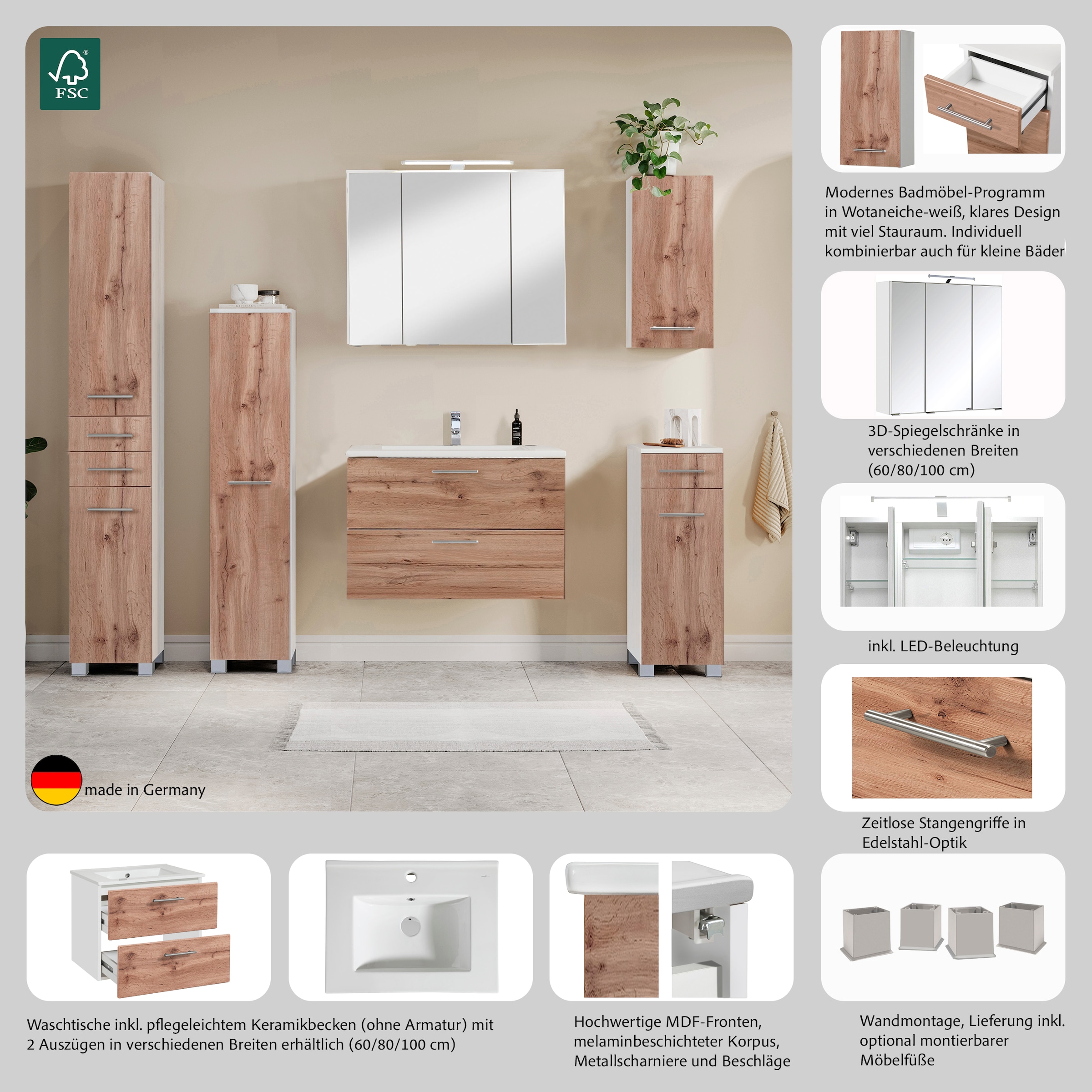 welltime Waschtisch »Trento Badezimmerschrank mit Becken Bestseller« Badmöbel in Breite 80 cm  , Waschplatz mit 2 Schubladen , Badschrank