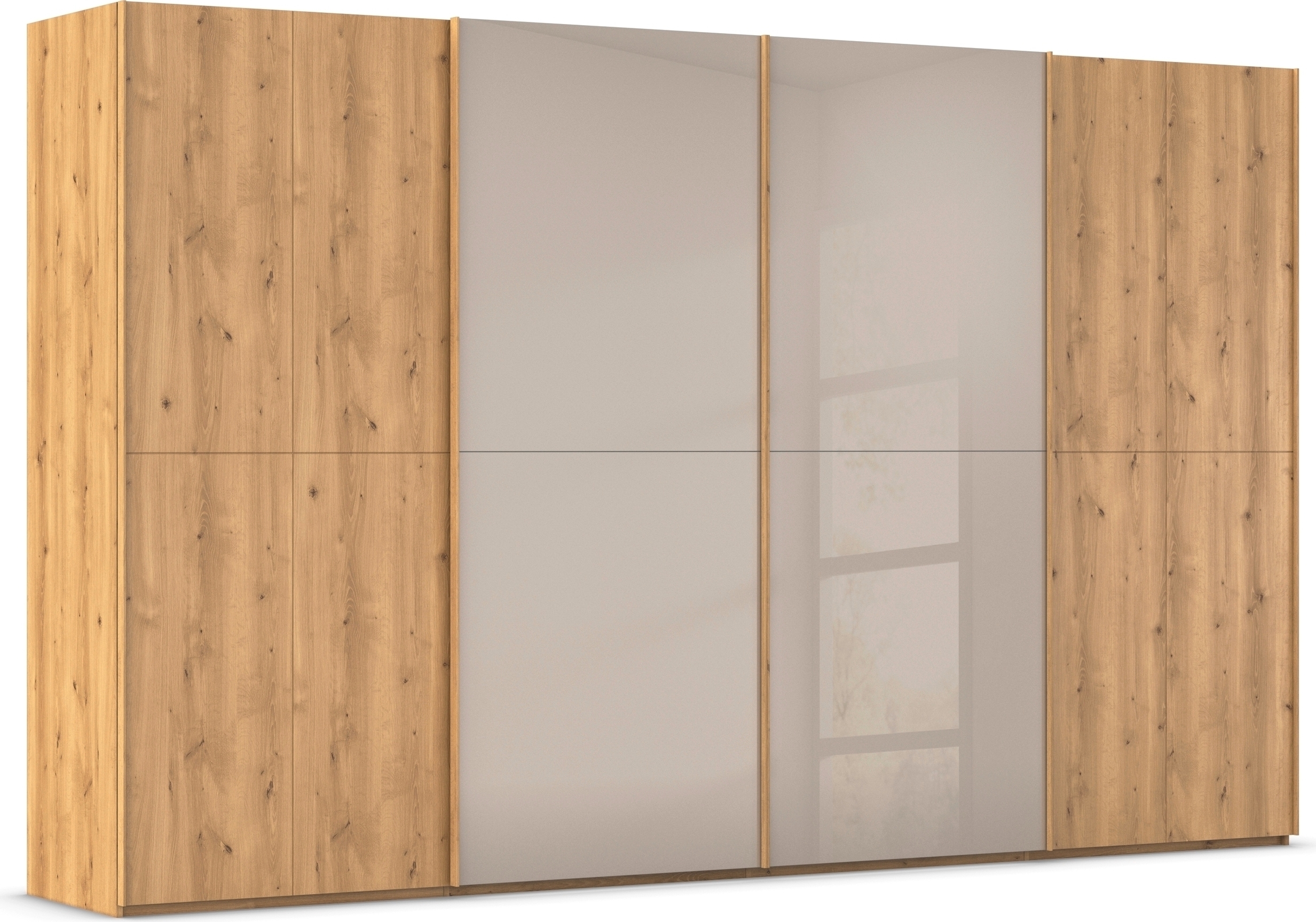 rauch Schwebetürenschrank "Kleiderschrank Schrank Garderobe Schlafzimmerschrank SCALE-WOOD" edle geteilte Front in massiver Asteiche mit Glastüren MADE IN GERMANY