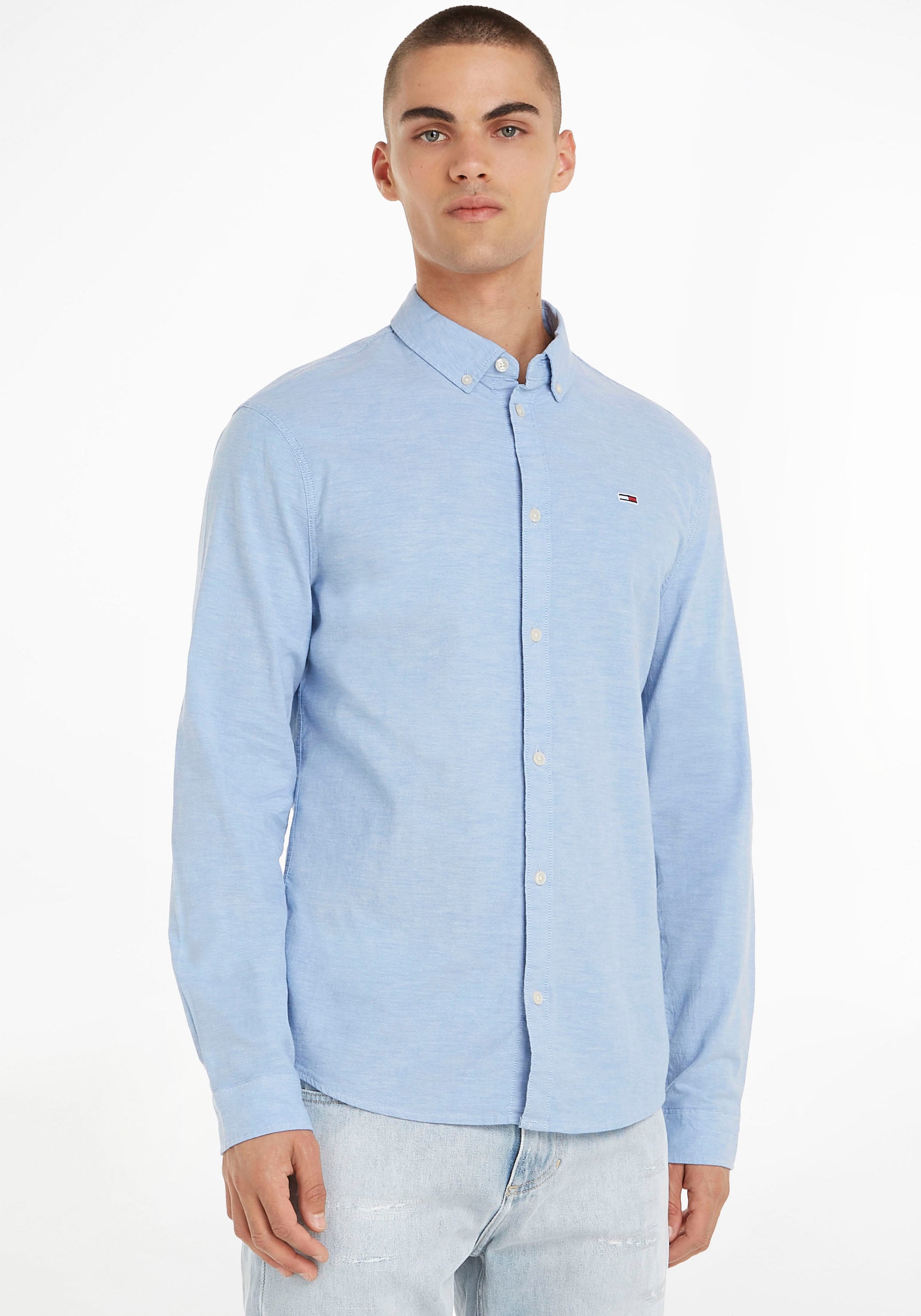 Tommy Jeans Langarmhemd "TJM Slim Stretch Oxford Shirt", mit Flaglabel auf der Brust