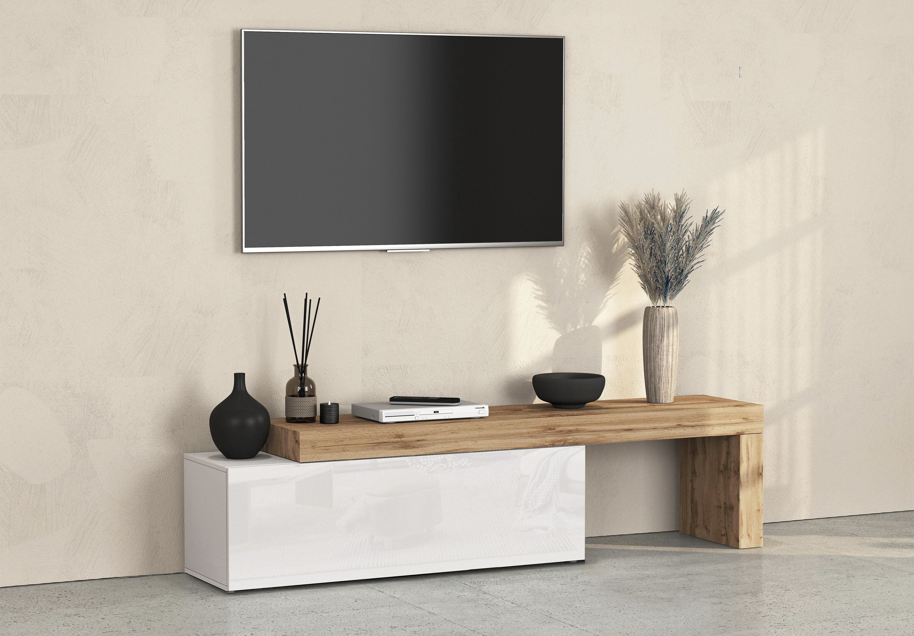 OTTO home Lowboard "Lowboard Chronos TV-Board, TV-Schrank" Spar-Set, Breite verstellbar von 180 bis 290 cm, 1 Stk. tlg. Breite 240 cm TV-Board,Lowboard,1 Klappe und ein L-Förmiger Aufsatz
