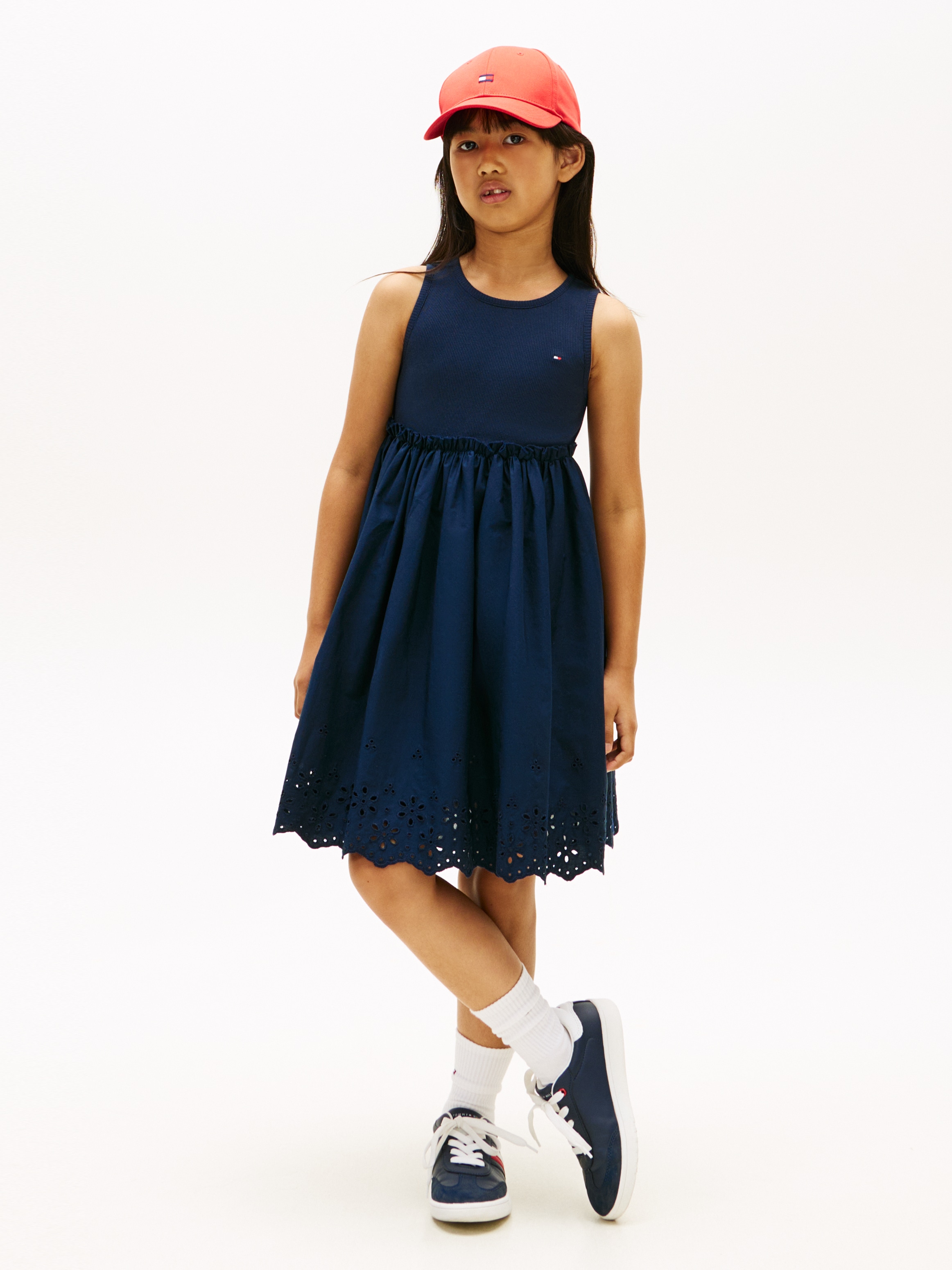 Tommy Hilfiger A-Linien-Kleid "BRODERIE ANGLAISE COMBI DRESS" Kinder bis 16 Jahre, knielang, mit Lochstickerei
