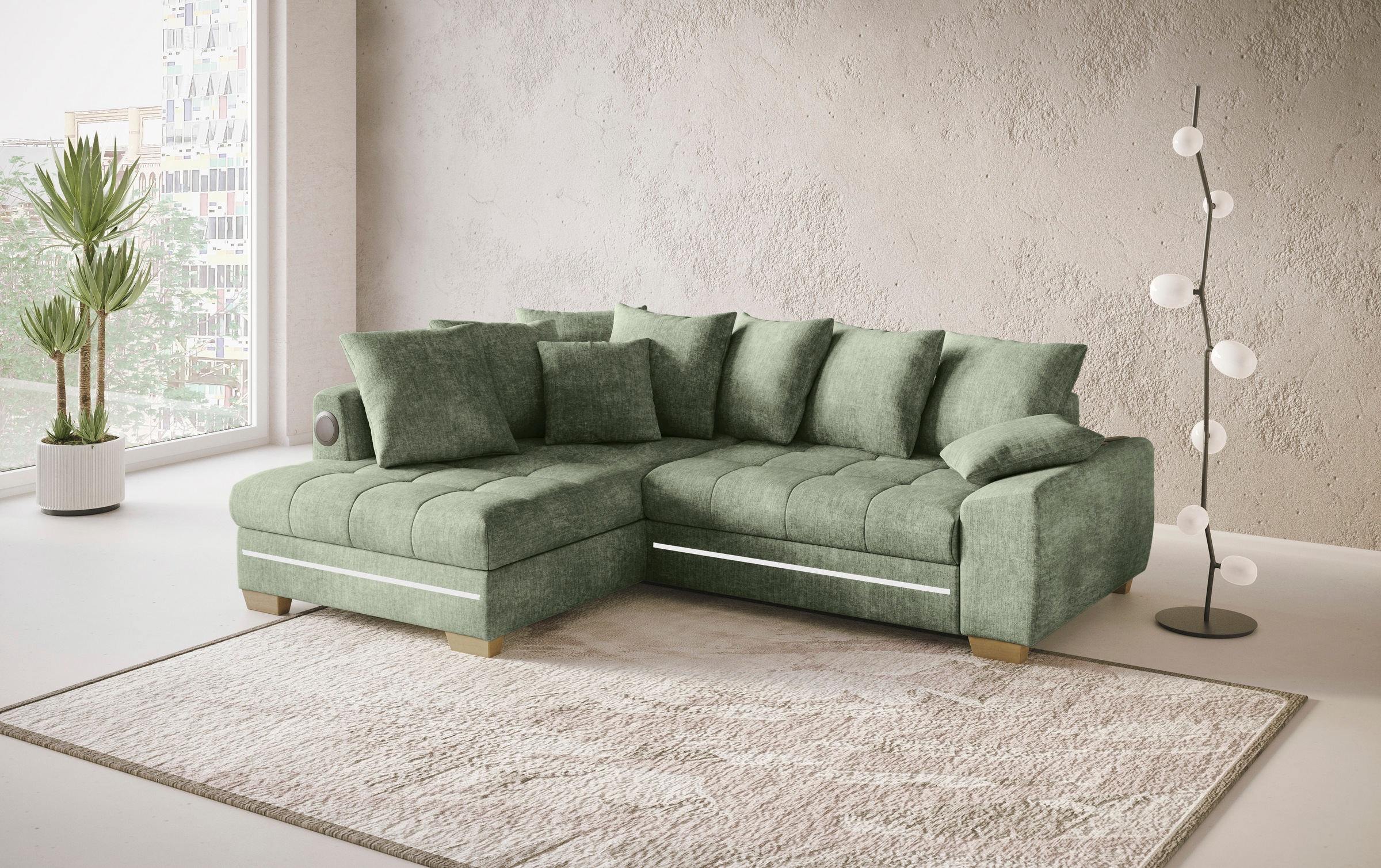 Mr. Couch Ecksofa »Nikita II, L-Form«, RGB-LED, Bluetooth-Soundsystem, wahlweise mit Bett, Bettkasten