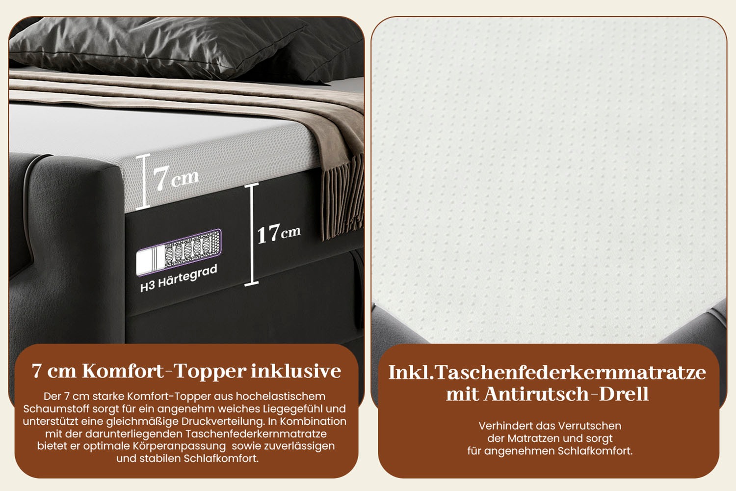 OTTO home Boxbett »BASILL, Polsterbett mit Bettkasten und Taschenfederkernmatratze H3« mit 7cm Komfortschaum-Topper, Samt-Bezug, 180x200cm