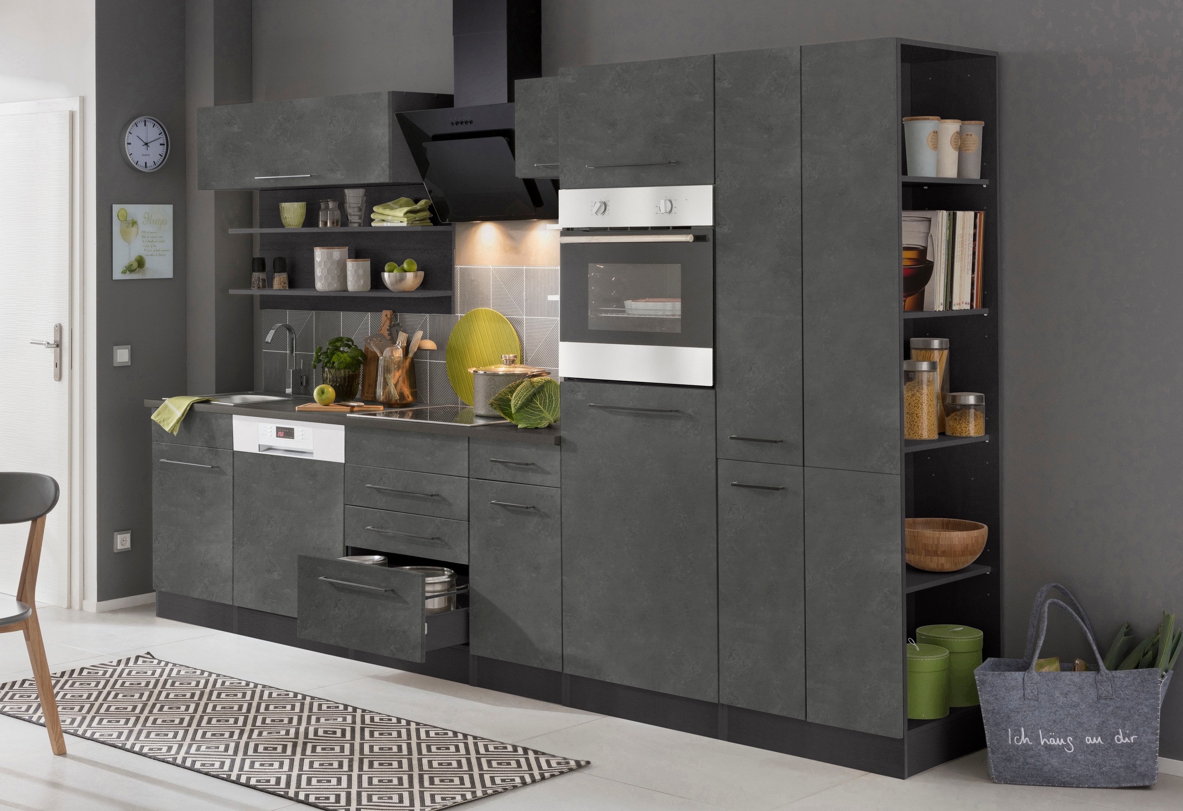 KOCHSTATION Küchenzeile »KS-Tulsa«, mit E-Geräten, Breite 300 cm, schwarze Metallgriffe, MDF Fronten