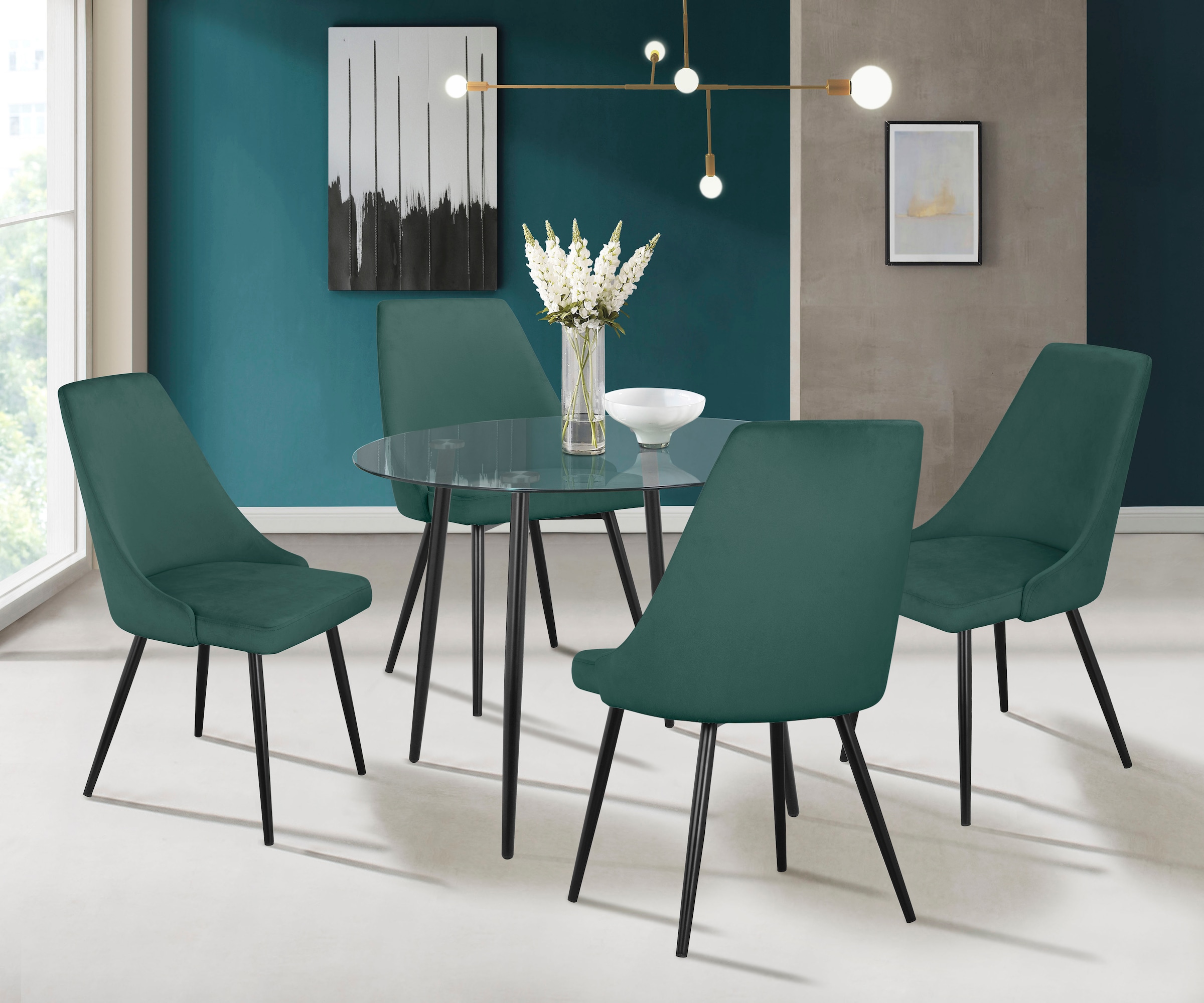 OTTO home "Danny-Malio" Set, Set 100 cm, 5 Stk. tlg. Glastisch 100x100 cm mit 4 Stühlen (Veloursstoff), Gestell aus Metall