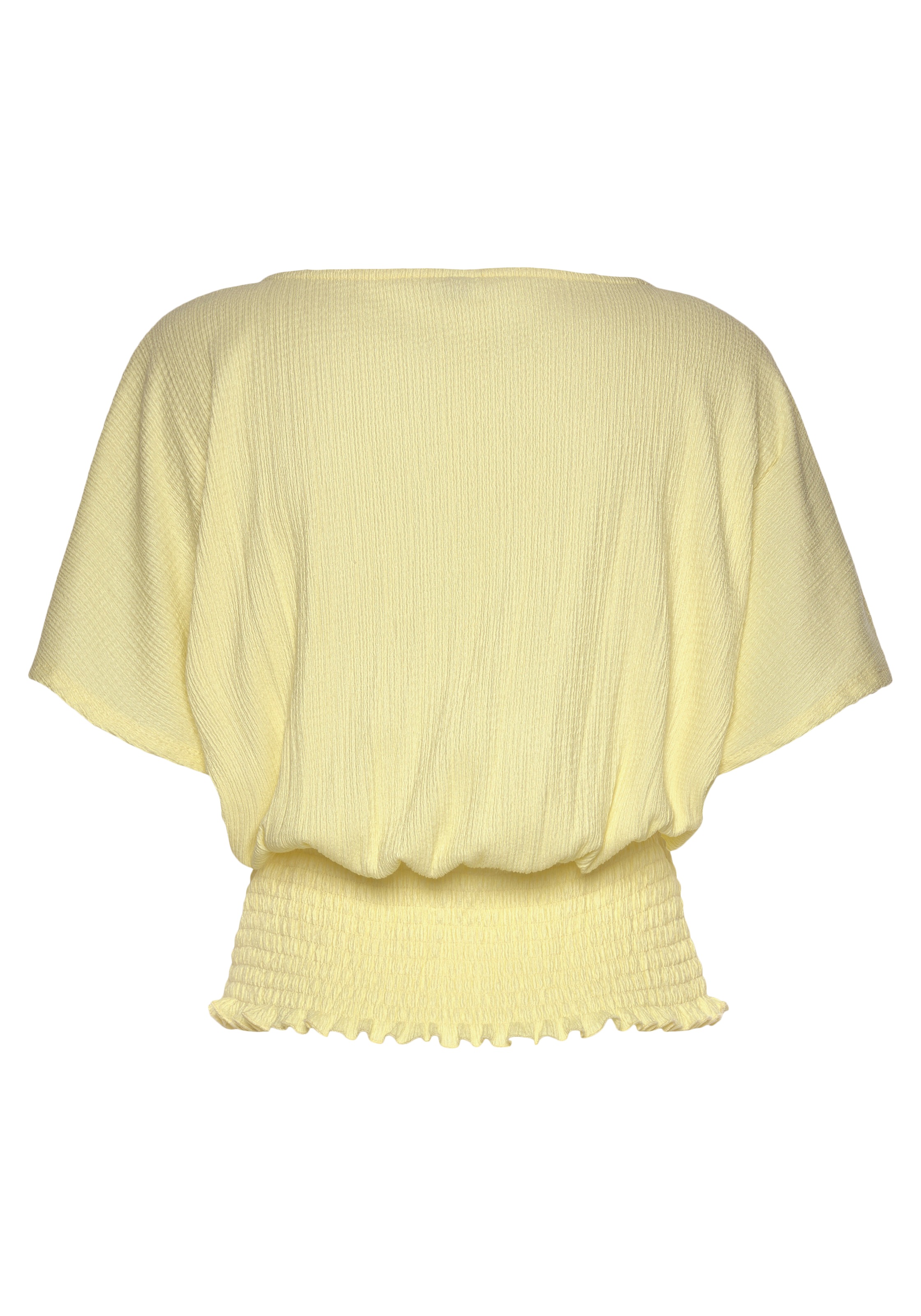 V-Shirt LASCANA, Damen, Gr. 44/46, gelb (pastellgelb), Jersey, Obermaterial: 98% Polyester, 2% Elasthan, unifarben, figurumspielend hüftlang, V-Ausschnitt, Shirts, mit breitem Smoksaum und Kopfleiste, Blusenshirt, sommerlich 3