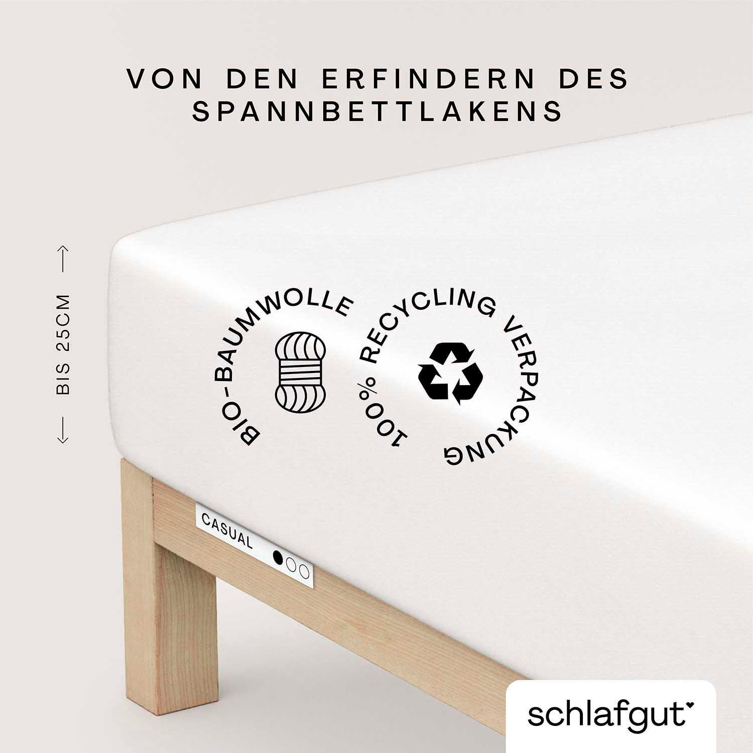 Schlafgut Spannbettlaken "CASUAL Bettlaken 100% gekämmte Bio-Baumwolle, 150 g/m², Spannbetttuch" Bettlaken bis 25 cm Höhe, langlebig, weich, Antipilling-Ausrüstung