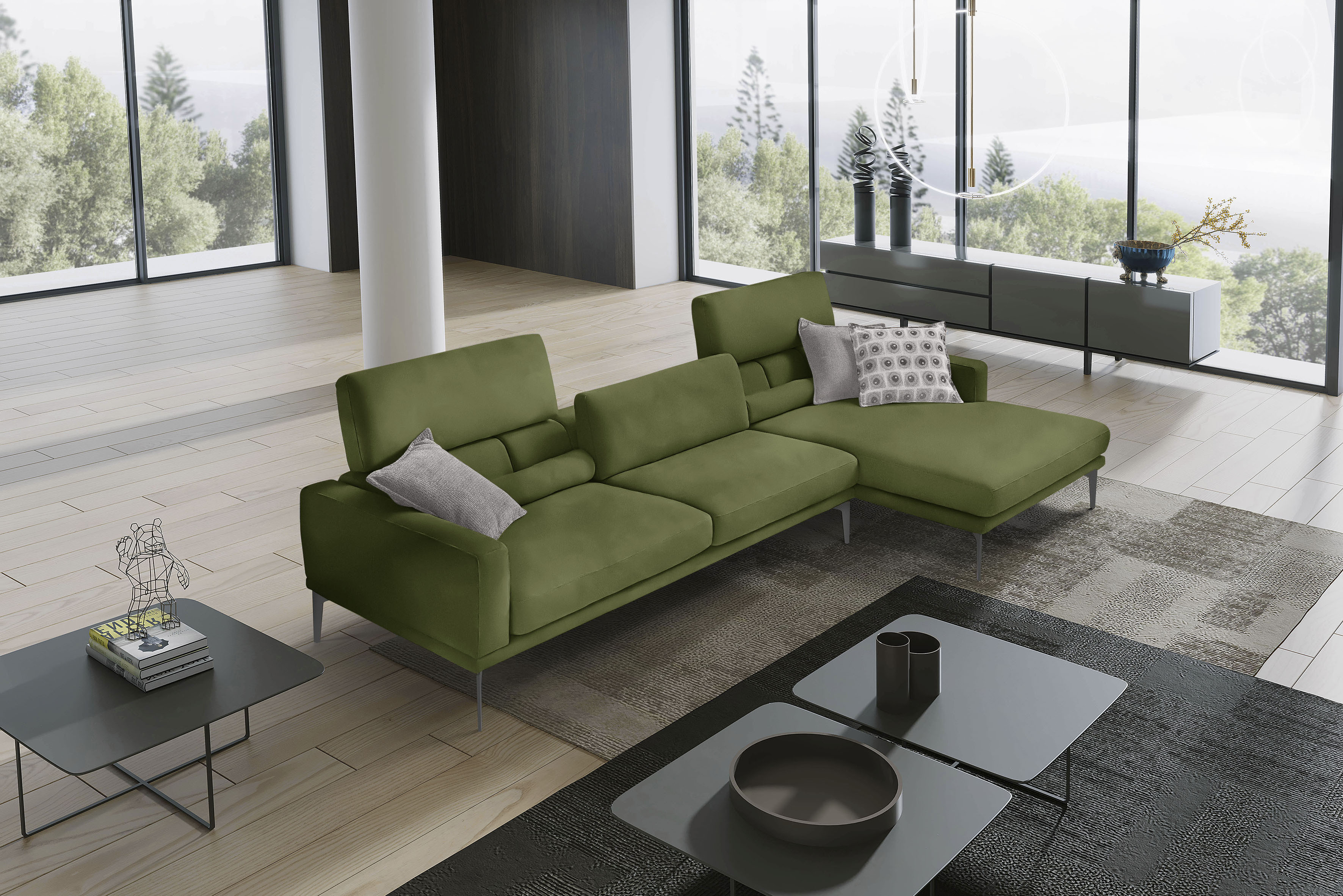 Egoitaliano Ecksofa "Masu, Design trifft sensationellen Sitzkomfort, Breite 277cm, L-Form" inkl. 2 Kissenrollen, Rückenelemente manuell verstellbar, Metallfüße