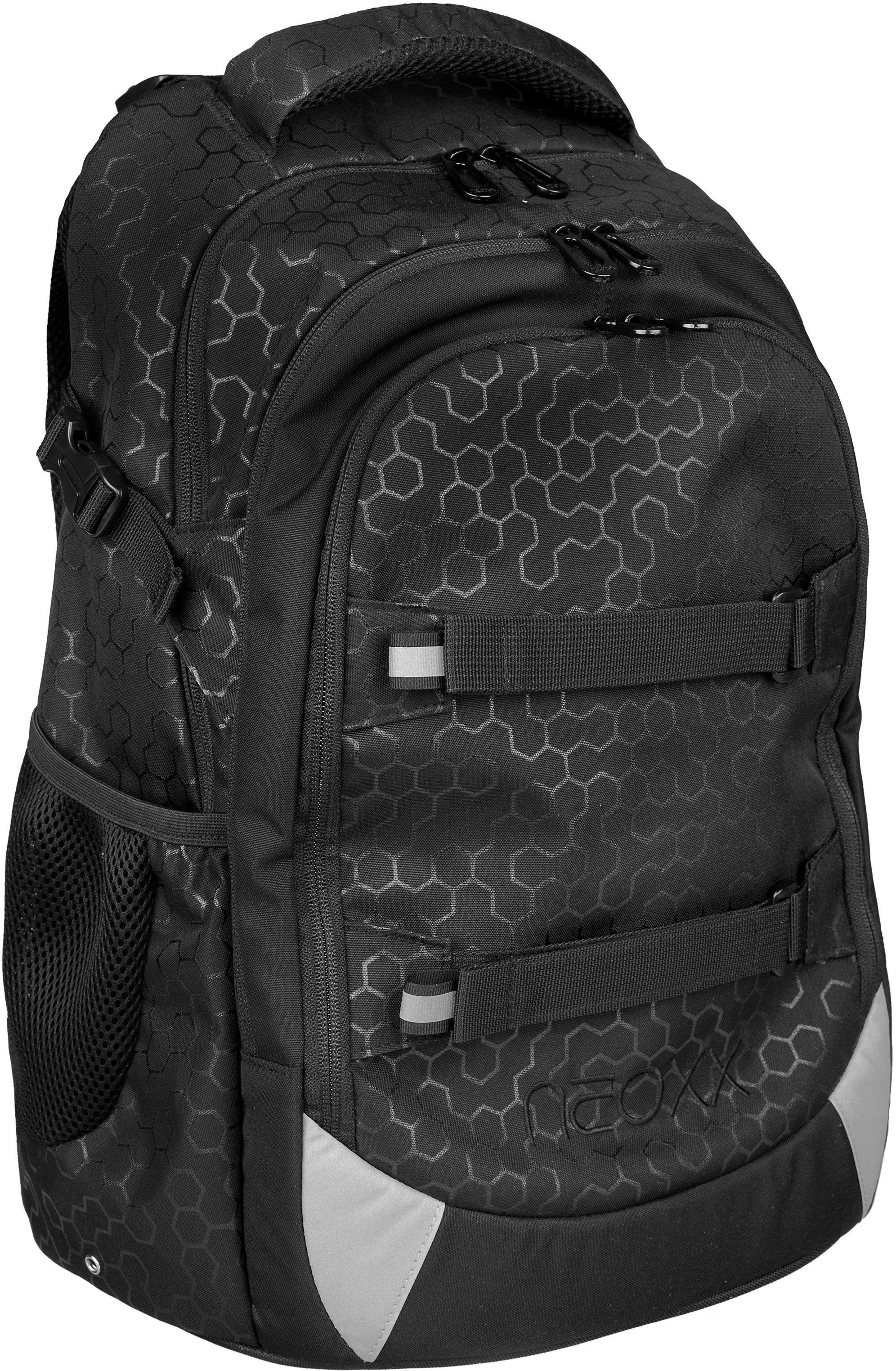 neoxx Schulrucksack »Active, Lost in black«, reflektierende Details, aus recycelten PET-Flaschen