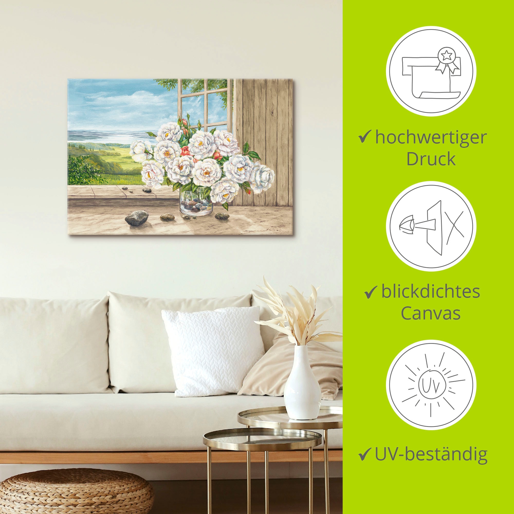 Artland Wandbild »Weiße Rosen am Fenster«, Blumen, (1 St.), als Alubild, Leinwandbild, Wandaufkleber oder Poster in versch. Größen