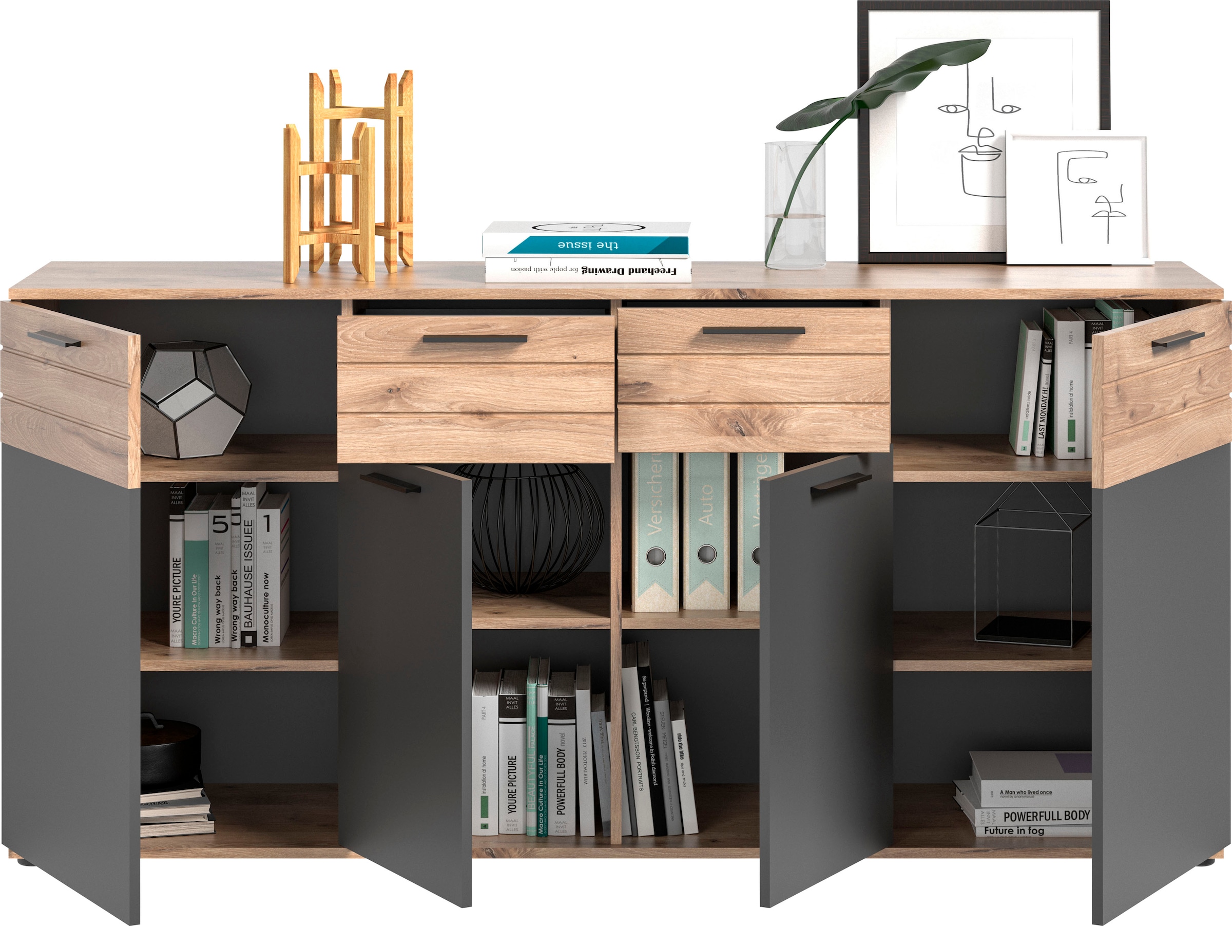 INOSIGN Sideboard »Riga, Breite 180cm, 4 Türen, 2 Schubkästen, 6 Einlegeböden, 10 Fächer«, hochwertige Rillenfräsung, mit Softclose, Kommode, Anrichte, Schrank