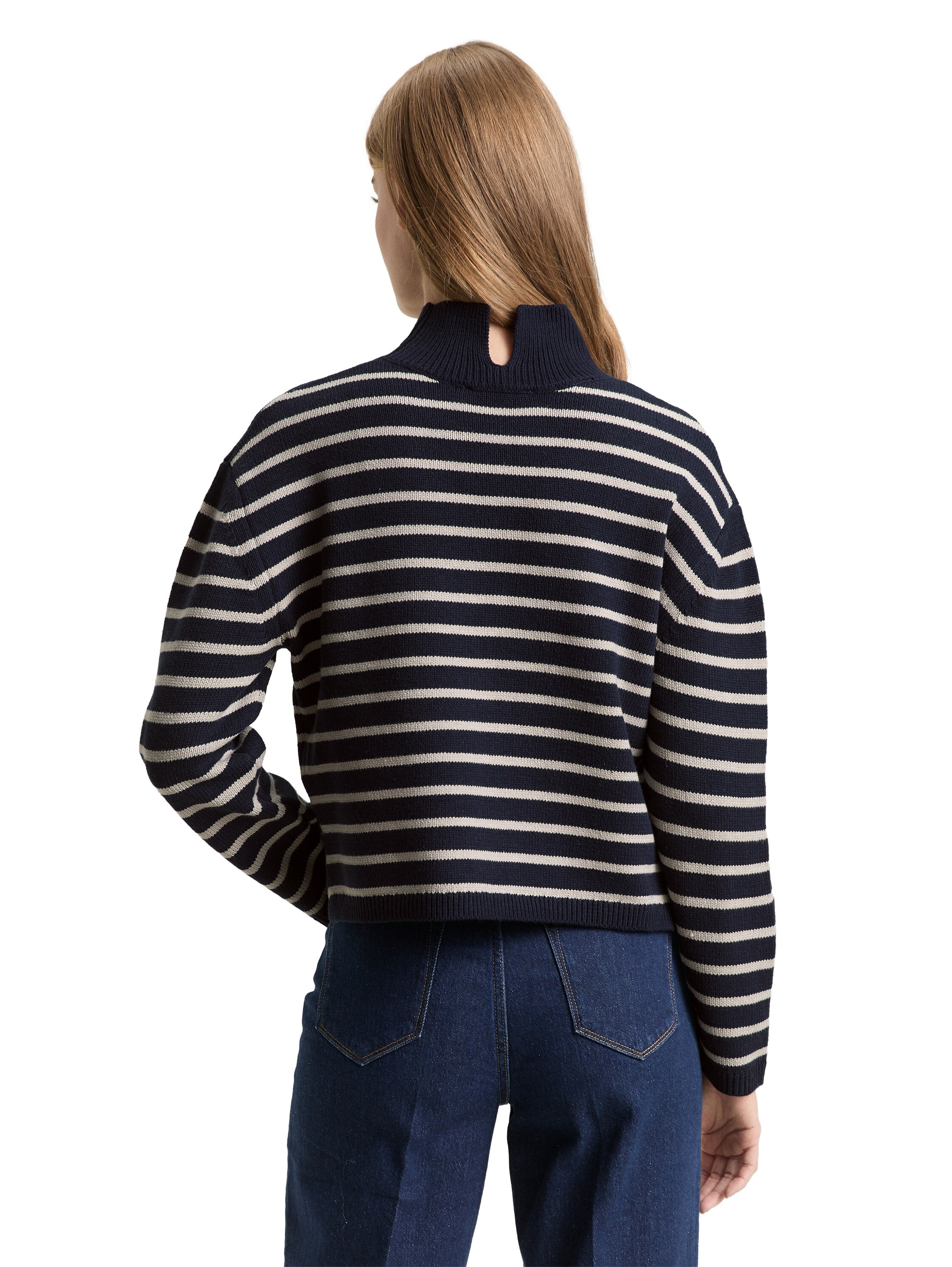 TOM TAILOR Denim Strickpullover im Streifen-Design und mit Stehkragen