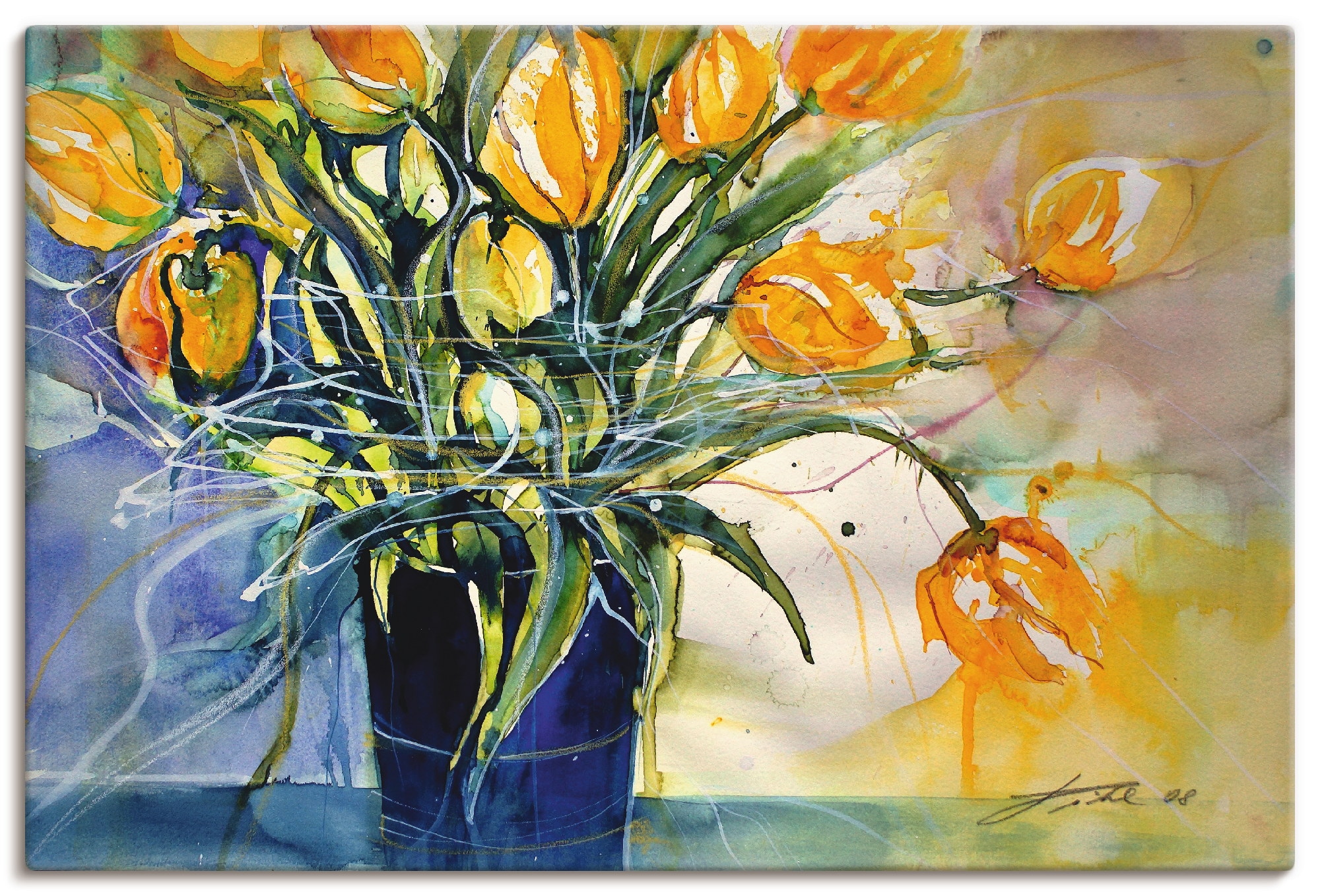 Artland Leinwandbild "Gelbe Tulpen in schwarzer Vase", Arrangements, (1 St.), auf Keilrahmen gespannt