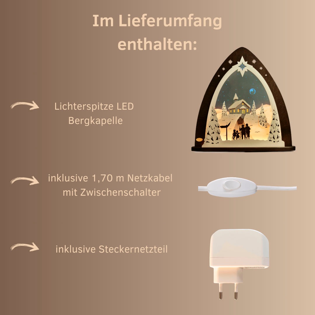Weigla Lichterbogen »LED Bergkapelle, moderne Lichterspitze aus Holz & Acrylglas«, Erzgebirge garantiert, Weihnachtsdeko Innen, Weihnachtsbeleuchtung