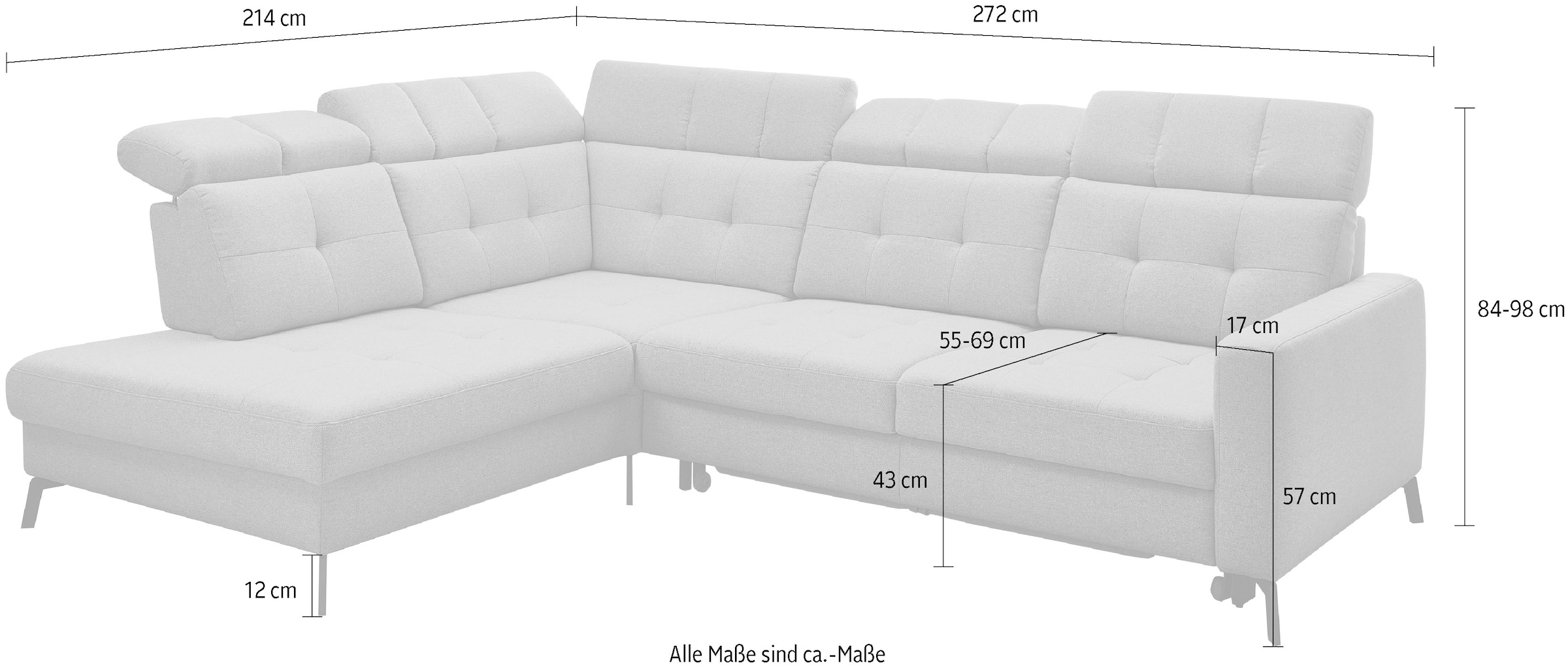 Musterring Ecksofa »MR 4615«, mit Kopf- und Rückenverstellung, Metallfuß schwarz, Maße 272 x 214 cm