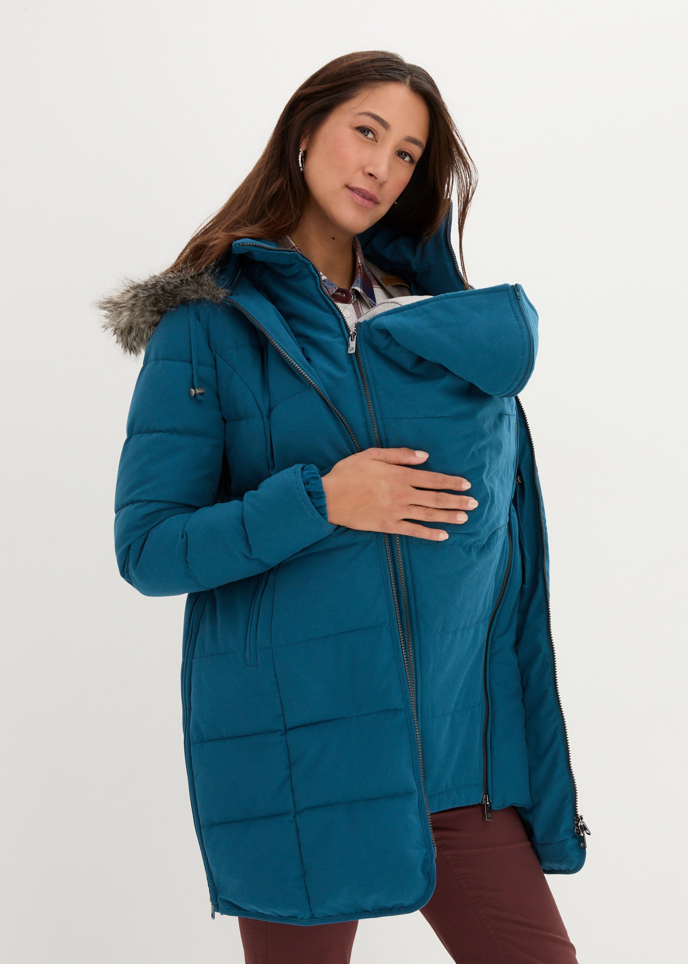 Umstandsjacke BONPRIX "3-in-1 warm wattierte Umstands- und Tragejacke", Damen, Gr. 42, blau (blaupetrol), Steppware, Obermaterial: 100% Polyester. Futter: 100% Polyester. Ärmelfutter: 100% Polyester, ausgestellt ca. Mitte Oberschenkel, mit innenliegendem 