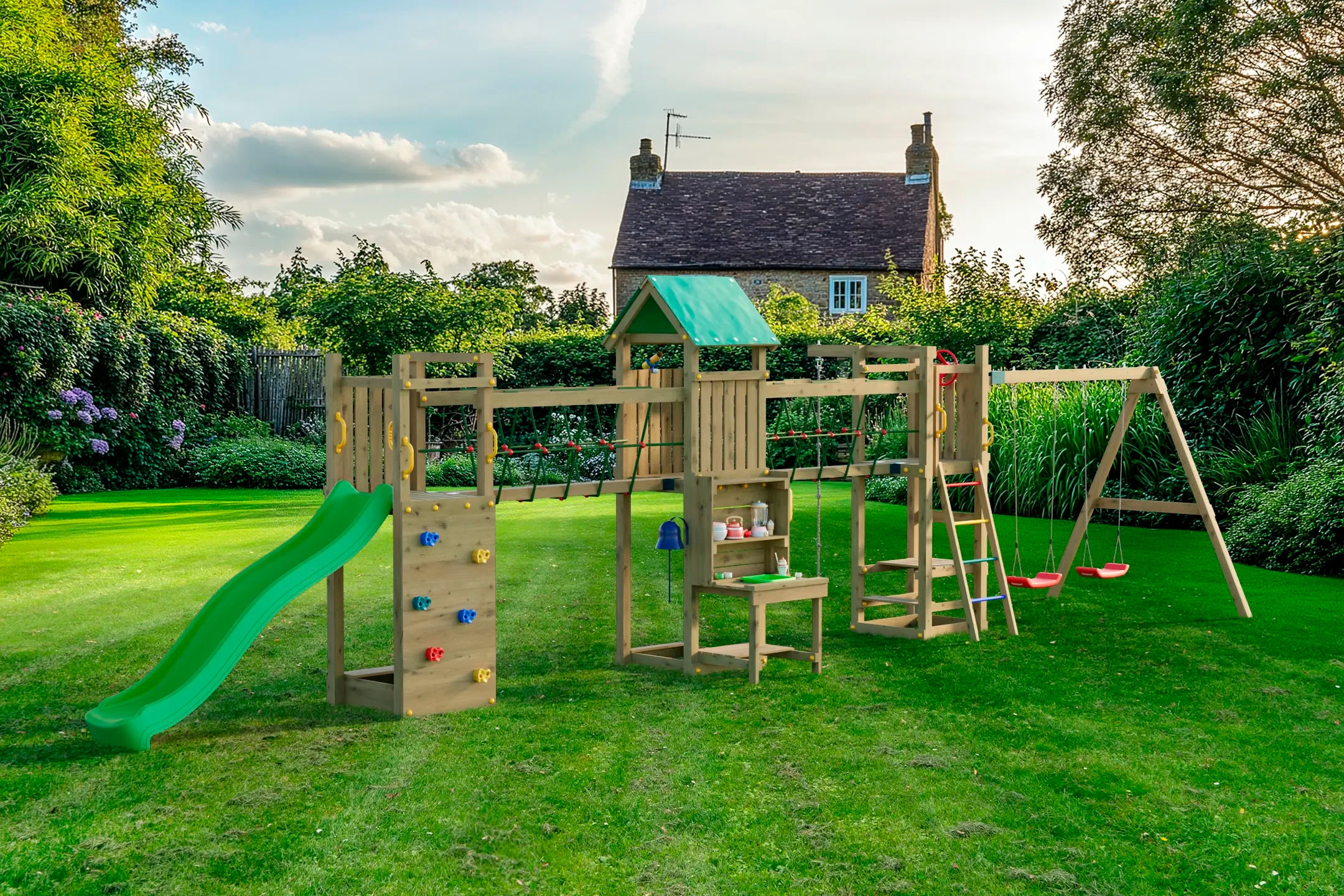 FUNGOO Spielturm »Maxi Funny Space Longer, mit Rutsche, Doppelschaukel, Kletterwand«, Picknicktisch; Made in Europe