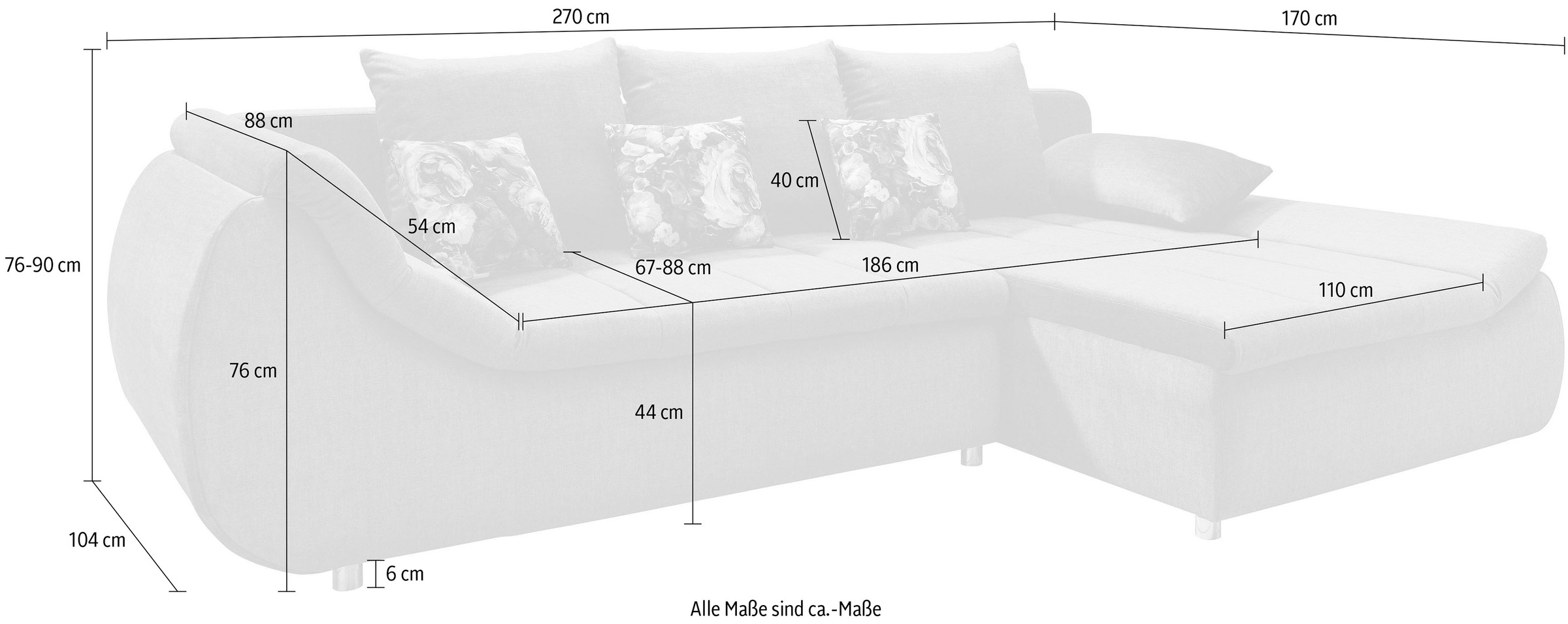 Home affaire Ecksofa »Imola elegant, Breite 270cm, moderne Sitzsteppung, bequem, L-Form« auch mit Bettfunktion und Bettkasten
