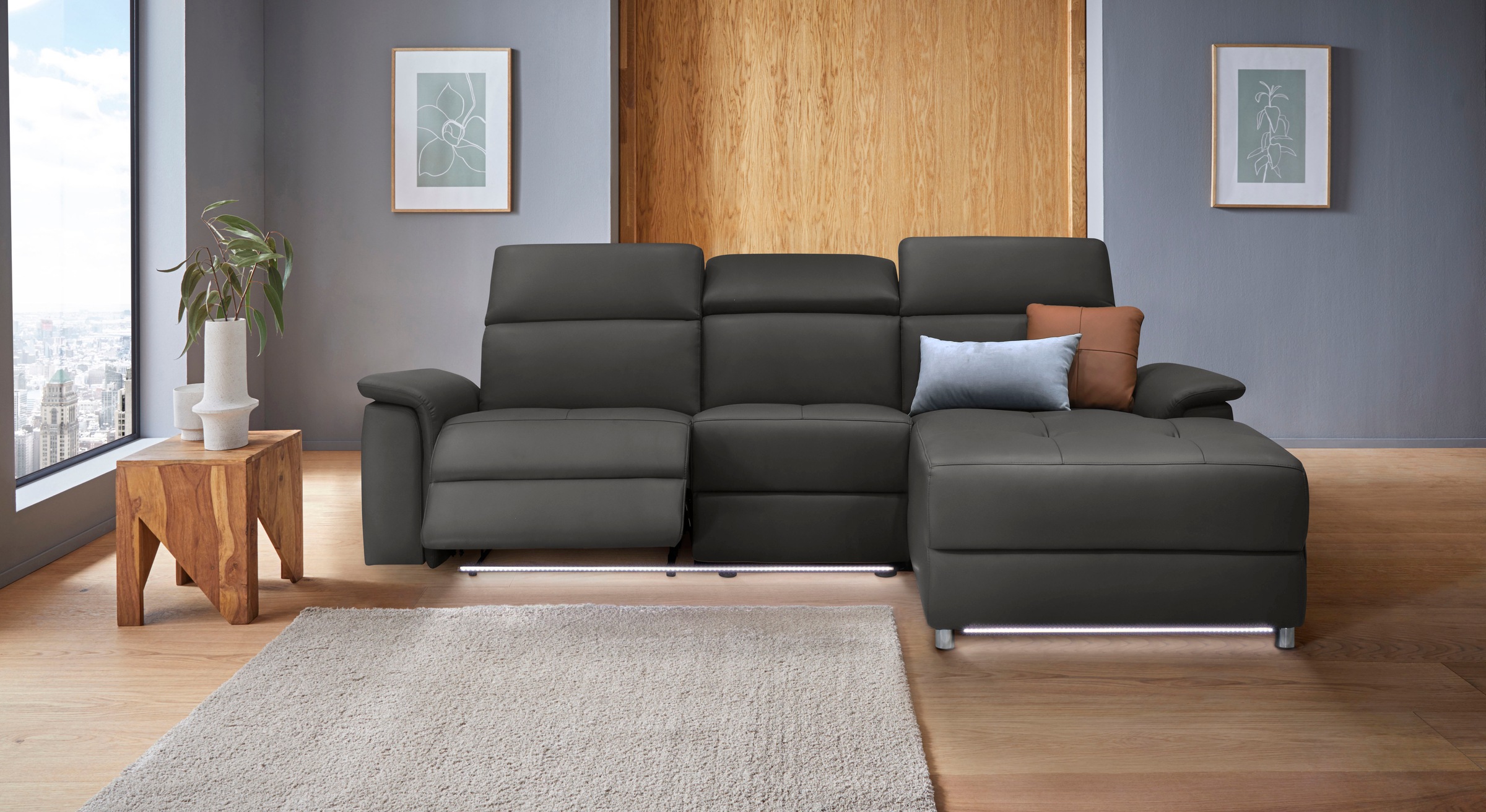 Places of Style Ecksofa »Pareli, L-Form, 259cm,m. Recamiere, Echtleder, Kunstleder, Webstoff«, man. o. elektr. Relaxfunktion, USB/Kopfteilverstellg u. LED