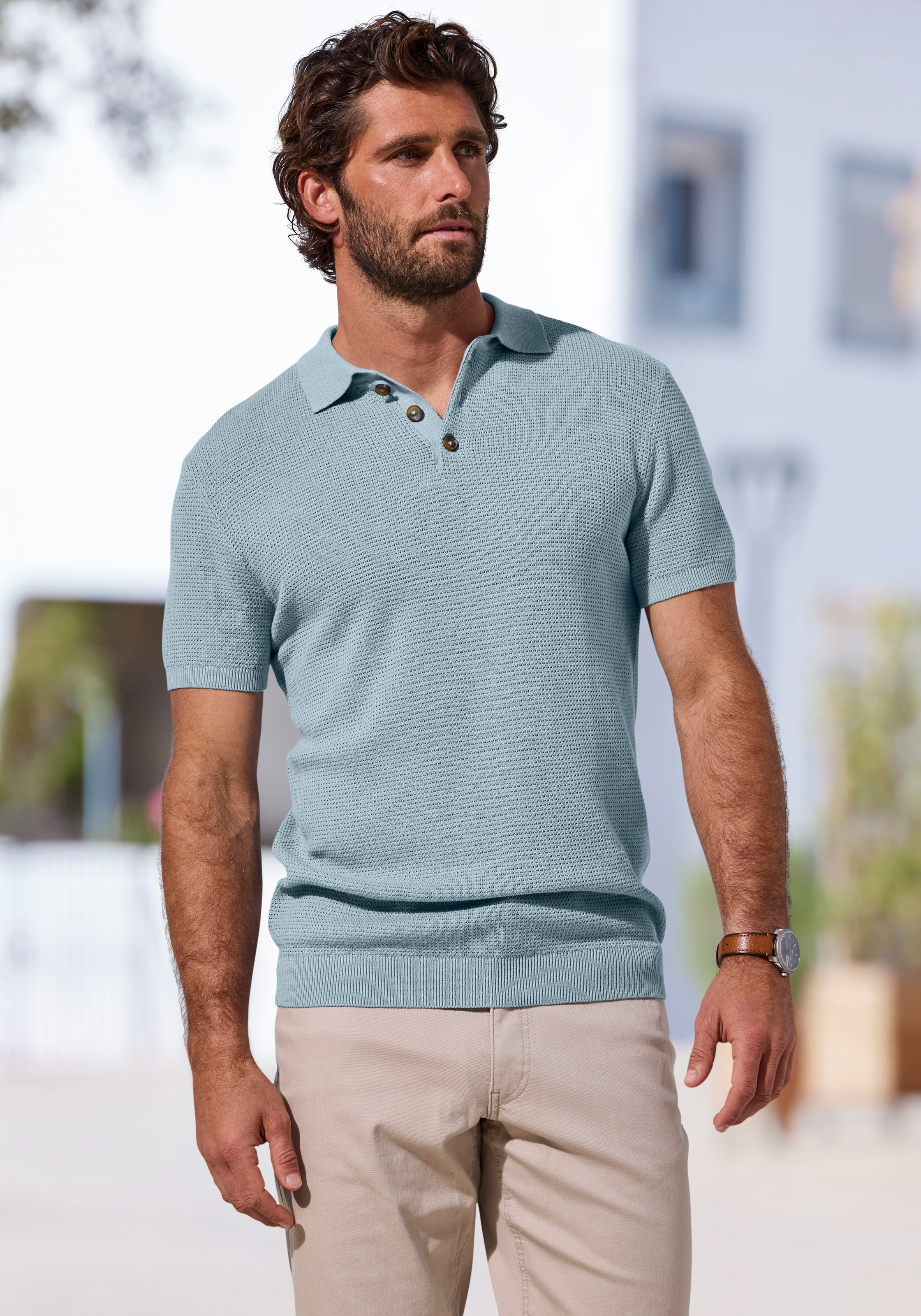 Kurzarmshirt JOHN DEVIN "- Strick Poloshirt, Regular fit", Damen, Gr. L, blau, Strick, Obermaterial: 100% Baumwolle, regular fit normal, Rundhals, Rippstrickbündchen, Shirts, mit Polokragen und kleiner Knopfleiste