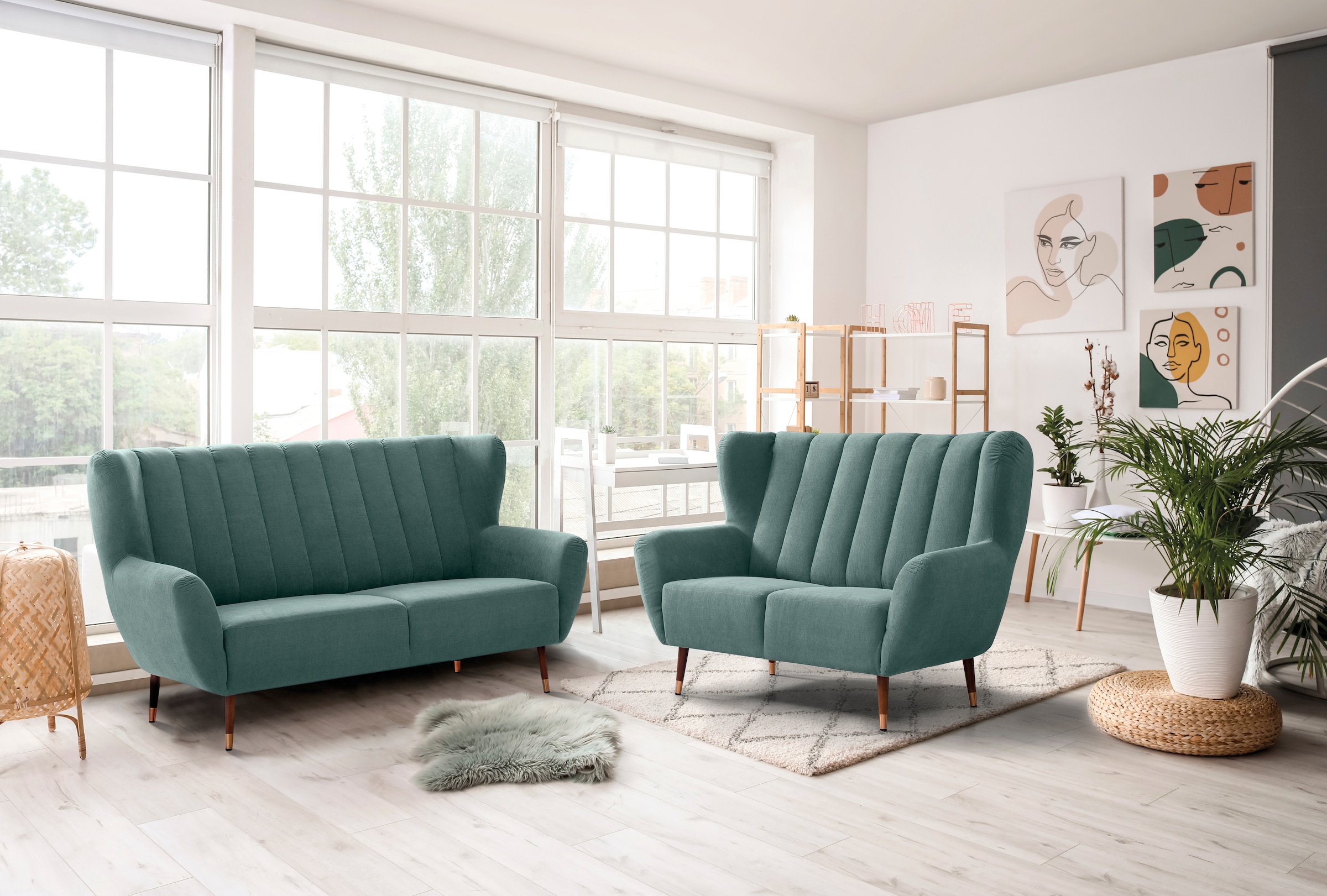 exxpo - sofa fashion 2-Sitzer »Polly, bequem mit hoher Rückenlehne, hohe Füße, Ohrensesselcouch«, Küchensofa, hochwertige Bezugsvarianten und aktuelle Farben