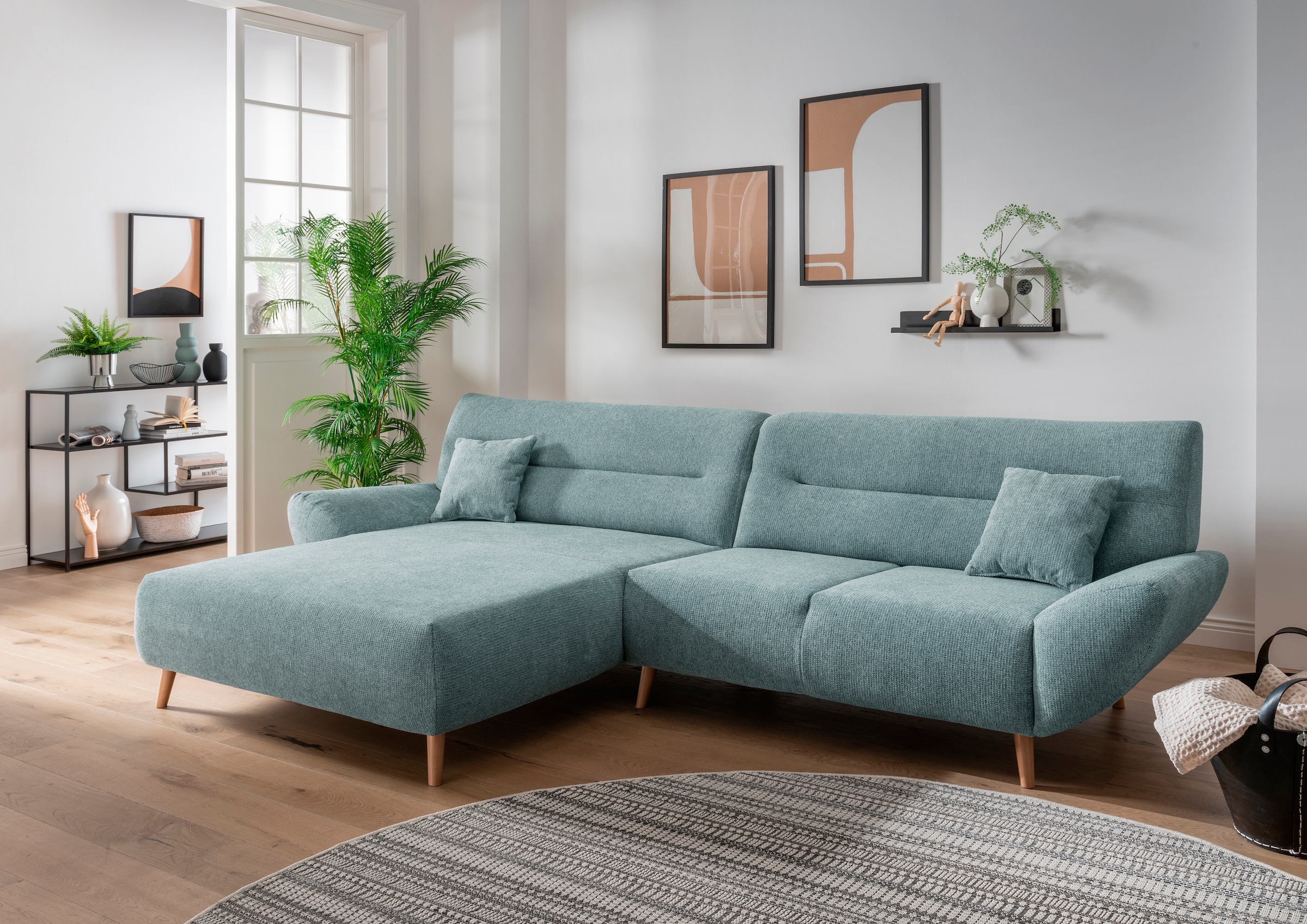 Home affaire Ecksofa "Drago, elegant und zeitlos, komfortabel, Holzfuß, L-Form, Breite 290cm" frei im Raum stellbar, inkl. 2 Zierkissen