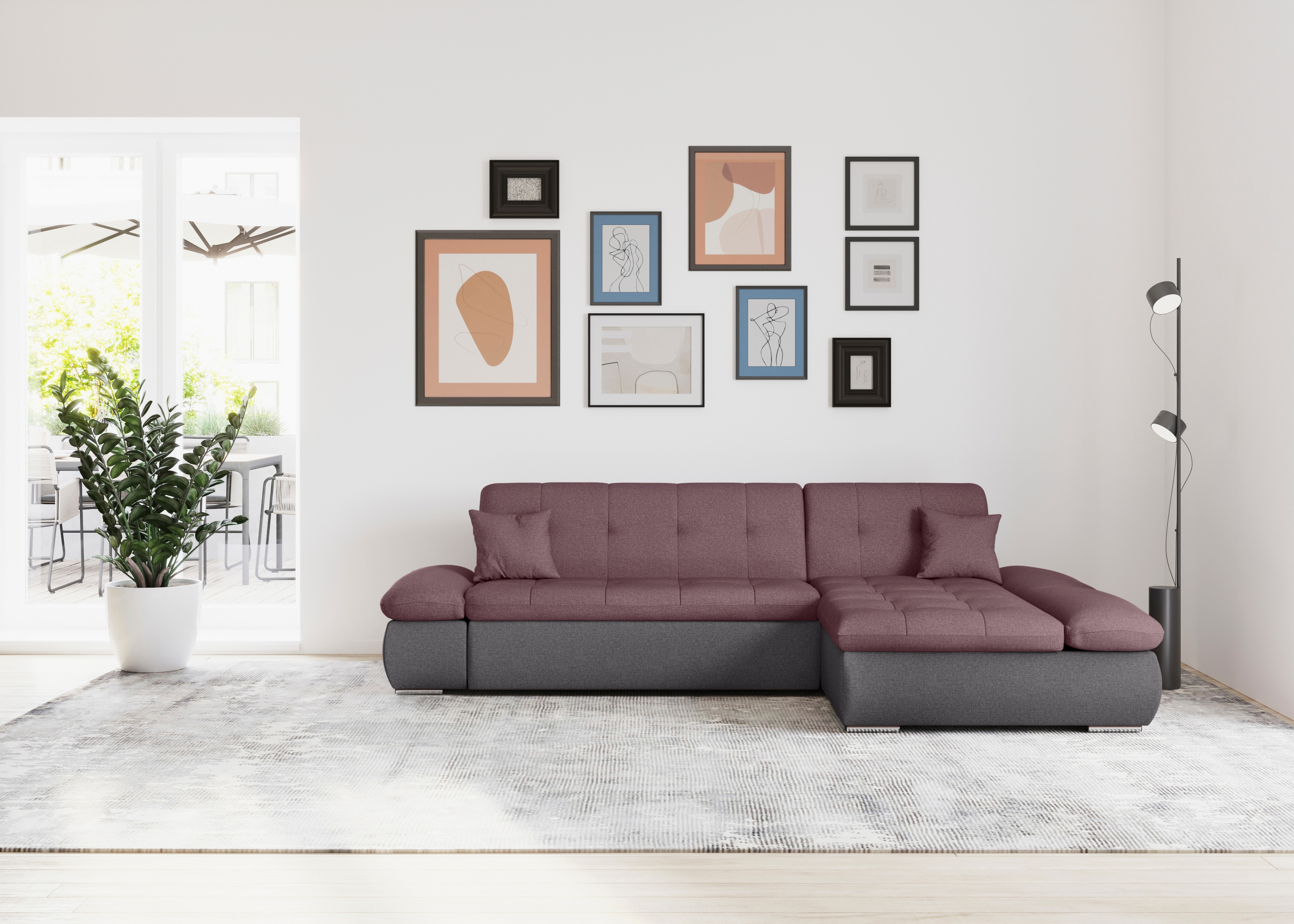 DOMO collection Ecksofa "MORIC 300x172 cm, XXL-Sofa mit viel Platz, L-Form, auch in Cord" wahlweise mit Bettfunktion und Armteilverstellung, grau-beere