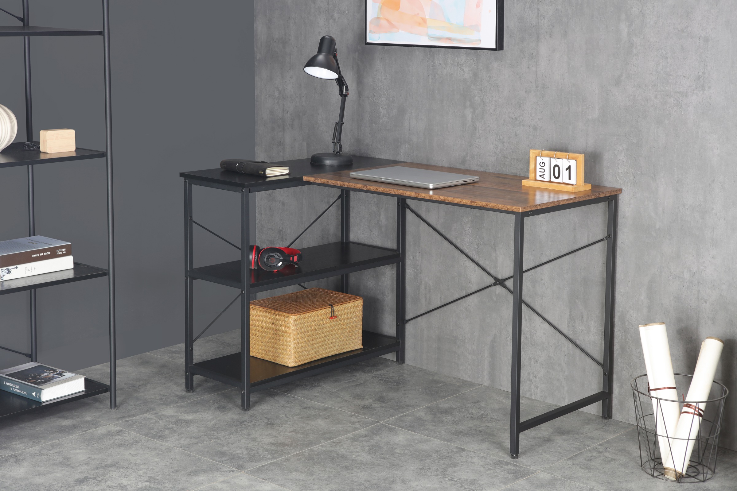INOSIGN Eckschreibtisch »Skruva, Computertisch, Basteltisch«, Metallgestell, Eckregal, ABS-Kanten, Gesamtbreite 120 cm