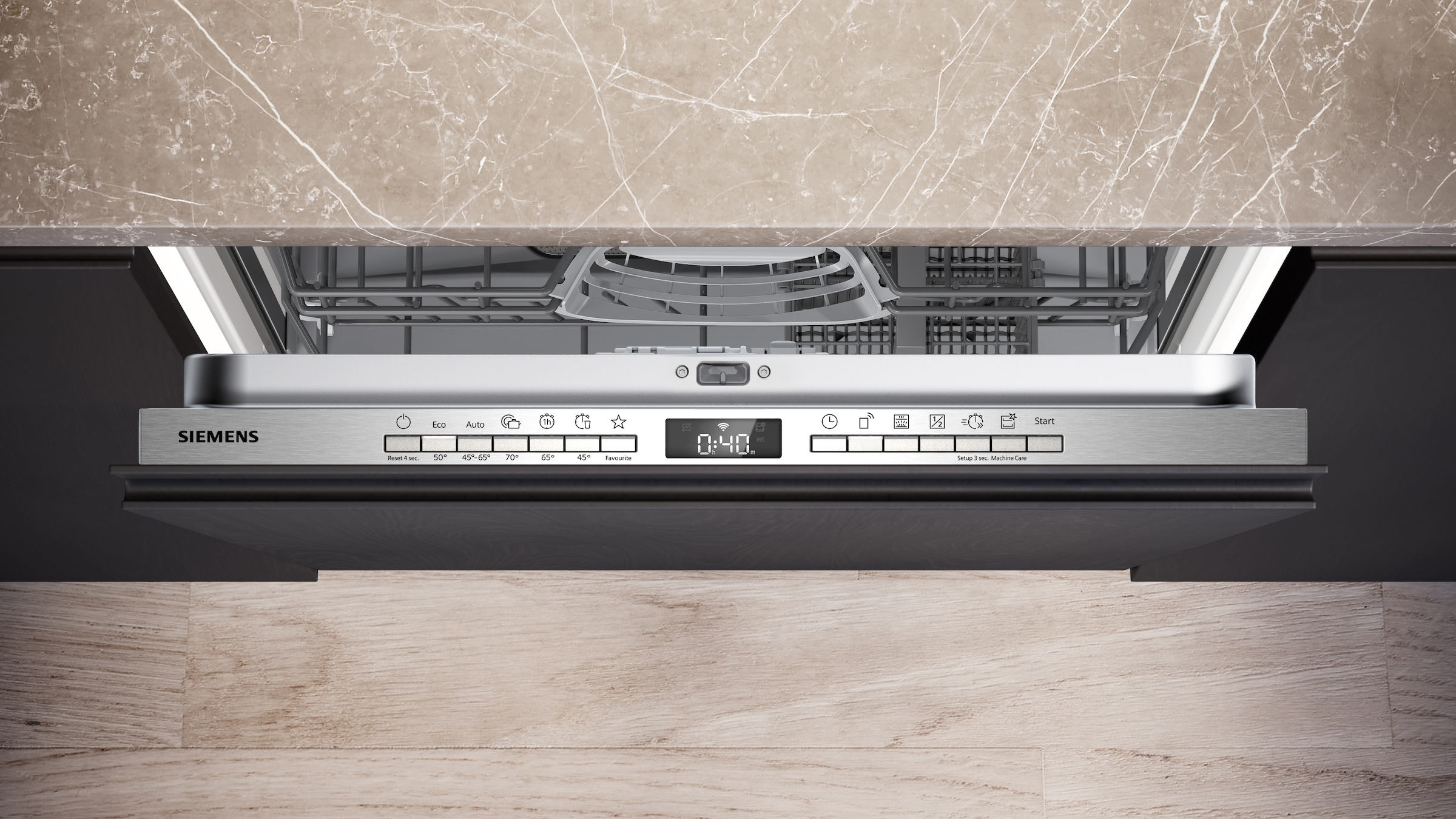 SIEMENS vollintegrierbarer Geschirrspüler iQ300 »SN63HX16TE«, 13 Maßgedecke, aquaStop® Garantie & Programmstatus-Projektion auf dem Boden