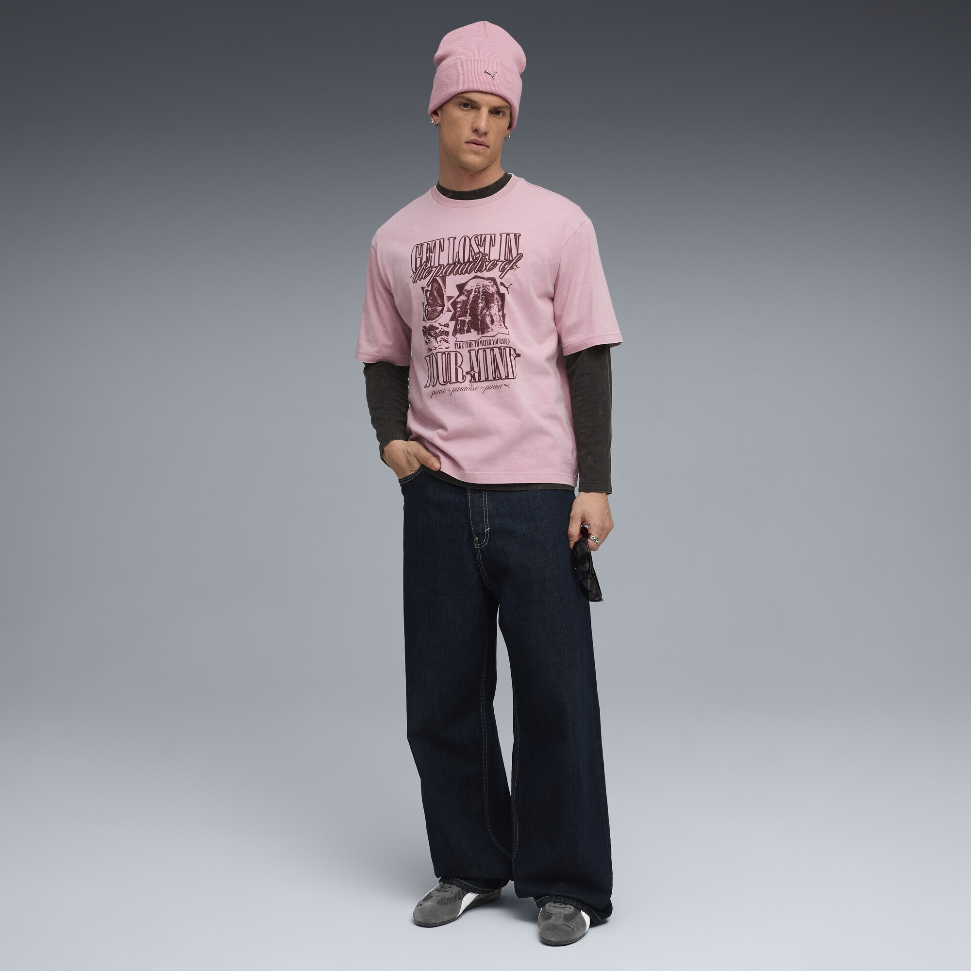 T-Shirt PUMA "Graphic Paradise Mindset Washed Boxy T-Shirt Herren", Herren, Gr. XL, rosa (poised pink), Obermaterial: 100% Baumwolle; Rippe: 29% Polyester, 71% Baumwolle, bedruckt, Rundhals, Shirts T-Shirt 3