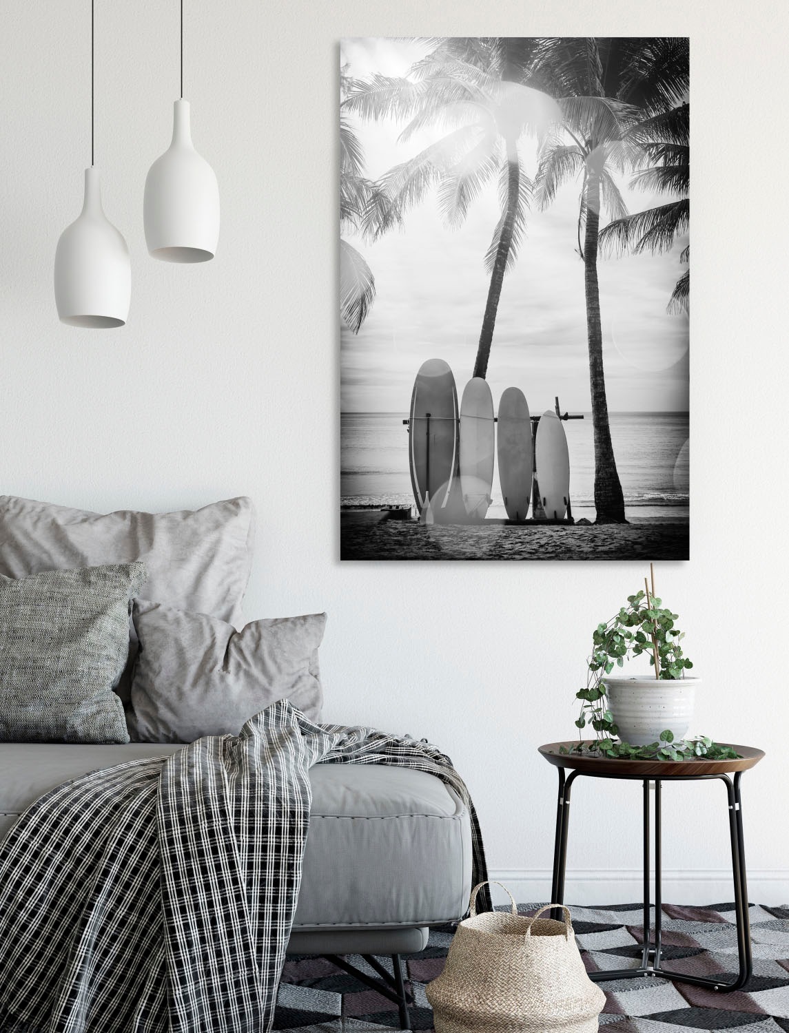 queence Acrylglasbild »Surfboards«, Kunst-Schwarz-Weiß-Strand-Palmen-Strandbilder, Fine Art-Print in Galeriequalität