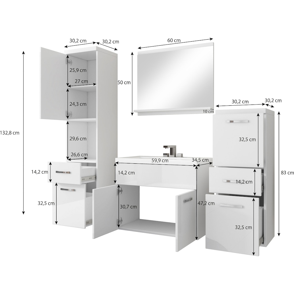 welltime Badmöbel-Set »ELDA«, (Komplett-Set, 5 St.), Waschtisch inkl. Waschbecken, Hochschrank, Badschrank und Spiegel