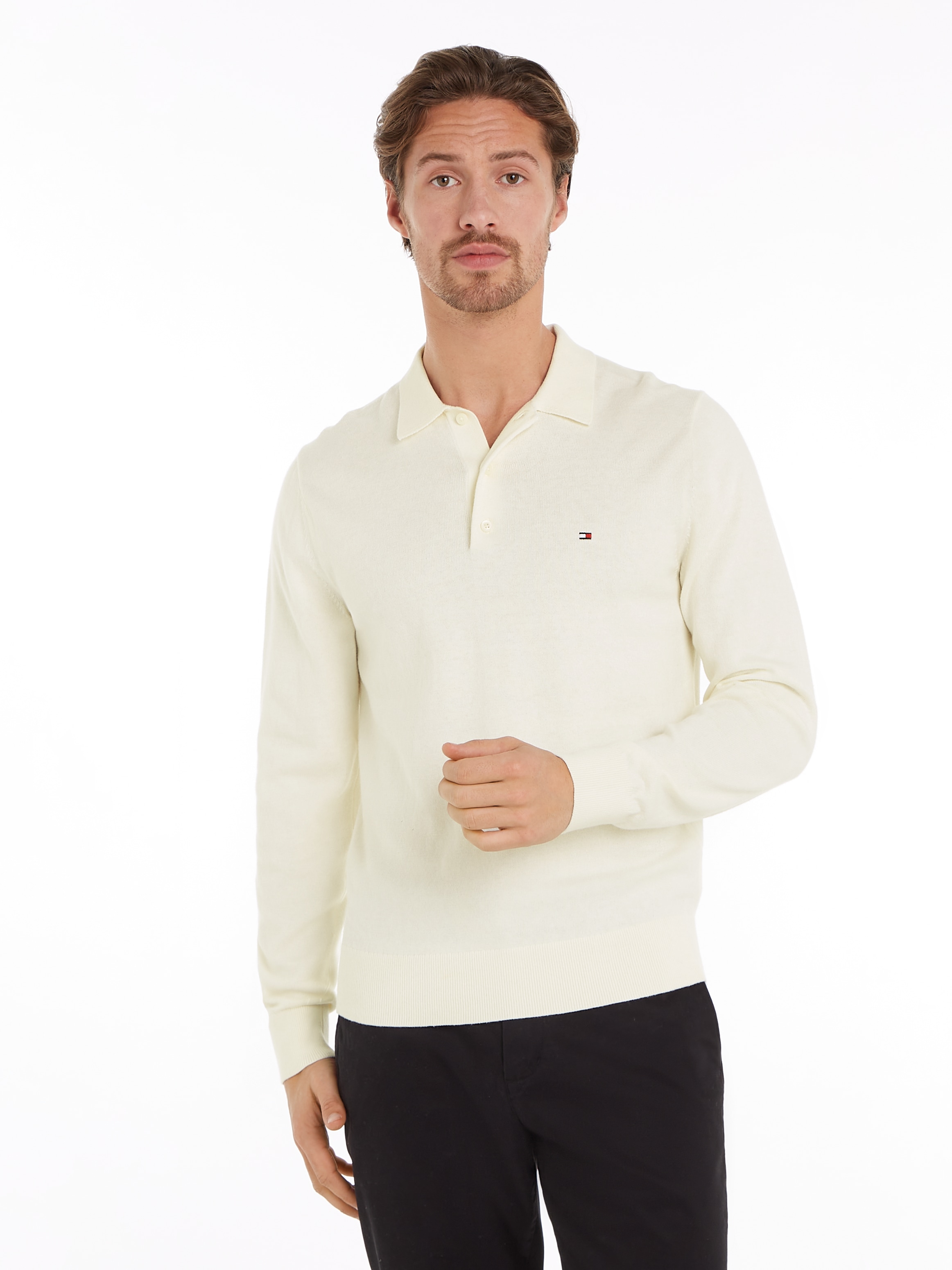 Tommy Hilfiger Polokragenpullover "PIMA ORG CTN CASHMERE LS POLO", Flag-Stickerei auf Brust