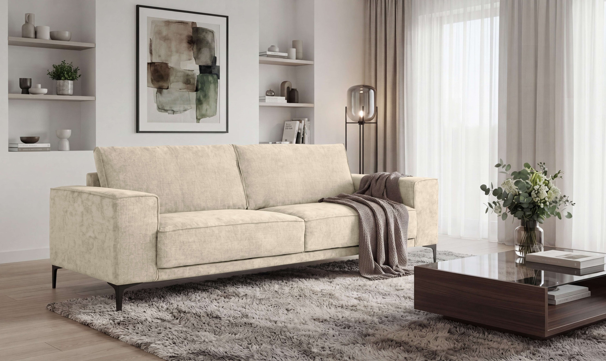 OTTO home 3-Sitzer »OLAND, B: 224 cm - Skandi-Design, Chenille-Bezug« Struktur, Flachgewebe, Luxus-Microfaser, Boucle