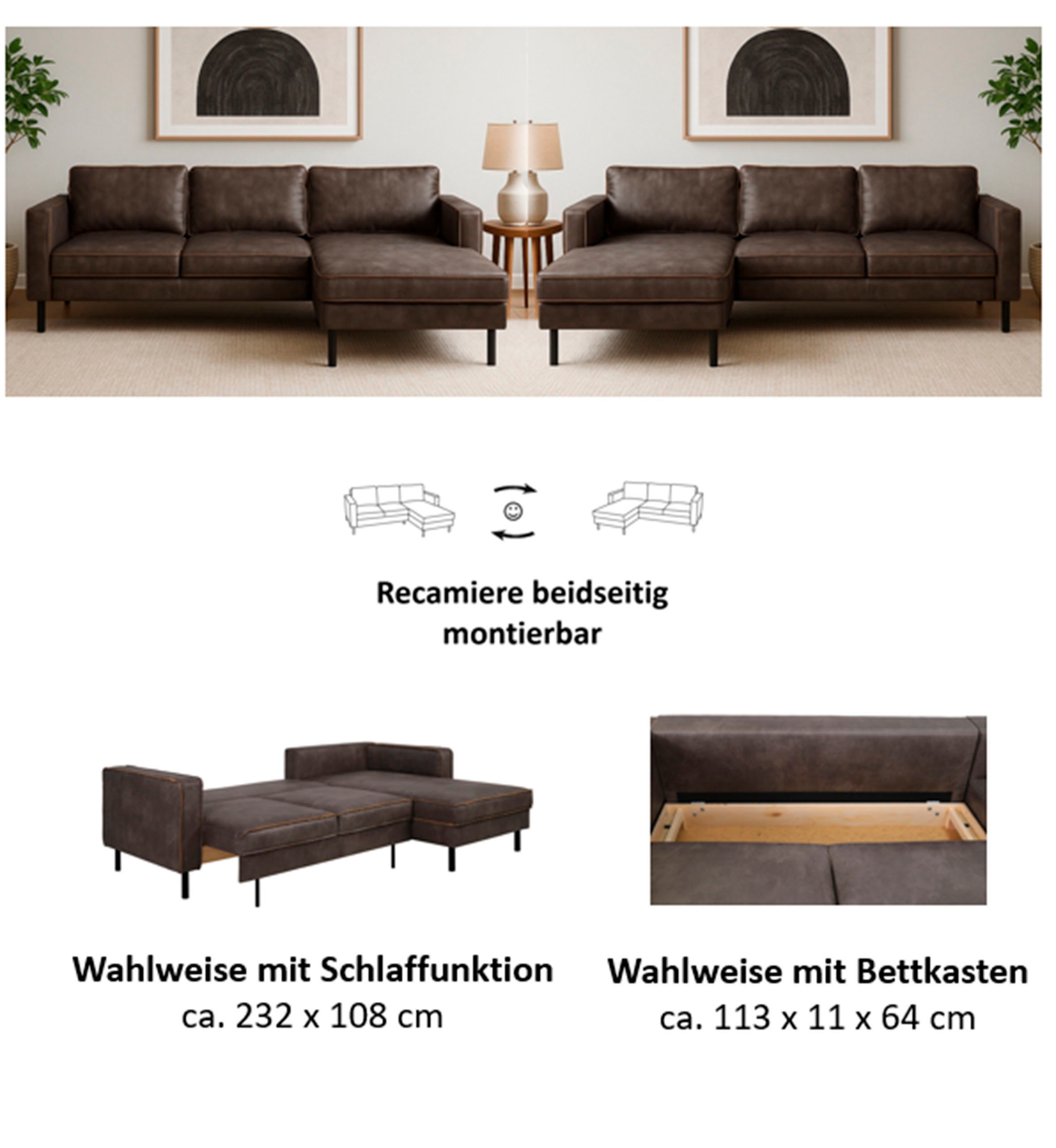 Thumbnail - Home affaire Ecksofa "Watkins, wahlweise mit Schlaffunktion/Bettkasten, moderne offene Naht" Recamiere beidseitig montie...