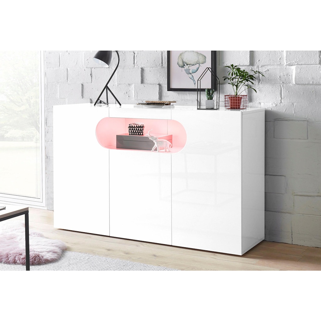 INOSIGN Sideboard »Real,Vitrine,Kommode,Schrank,Breite 130 cm komplett hochglanz lackiert«, mit 3Türen davon 2 abgerundet, die ein ovales offenes Fach bilden